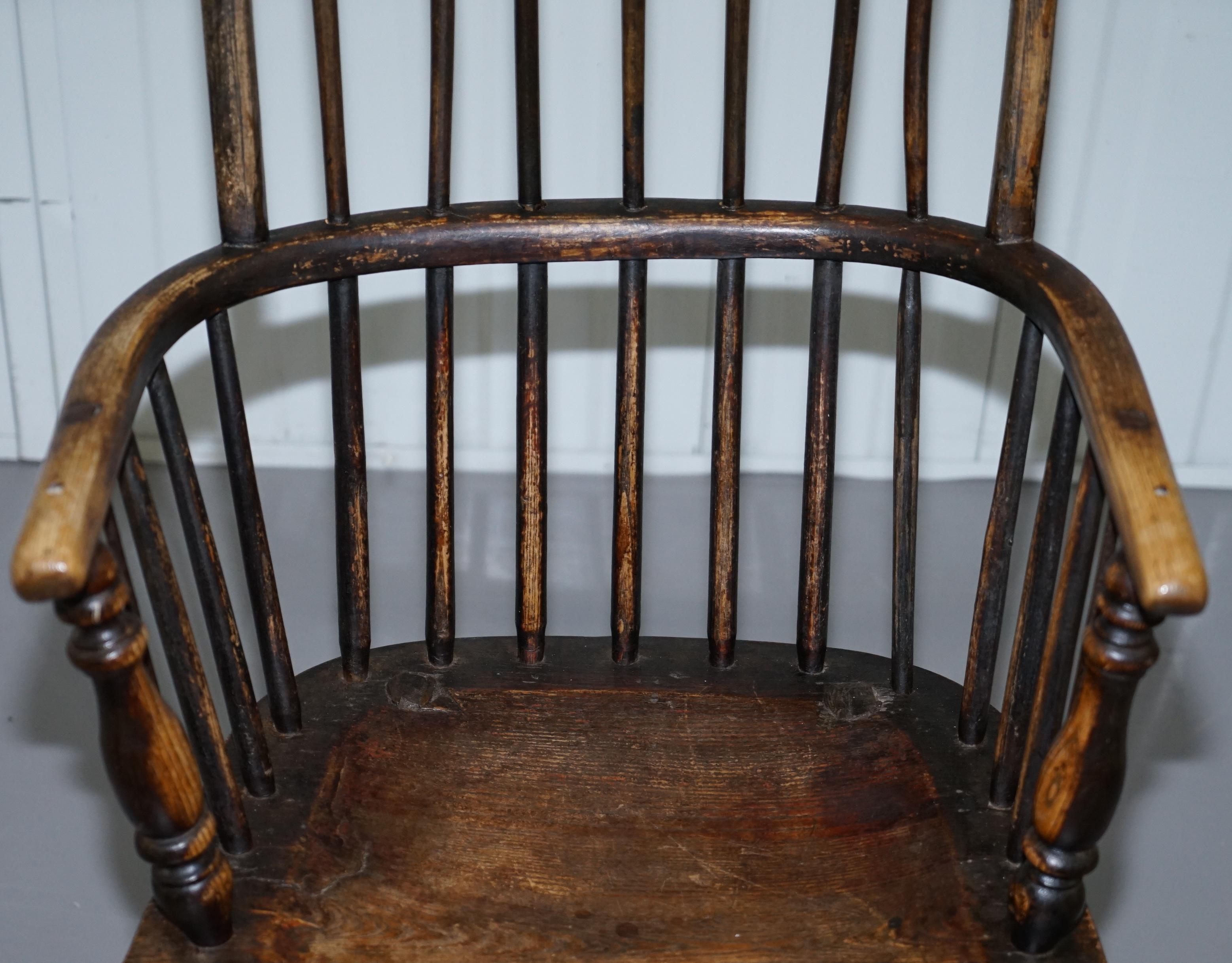 Elm Early Original Worn Paint 19th Century Hoop Back West Country Windsor Armchair For Sale