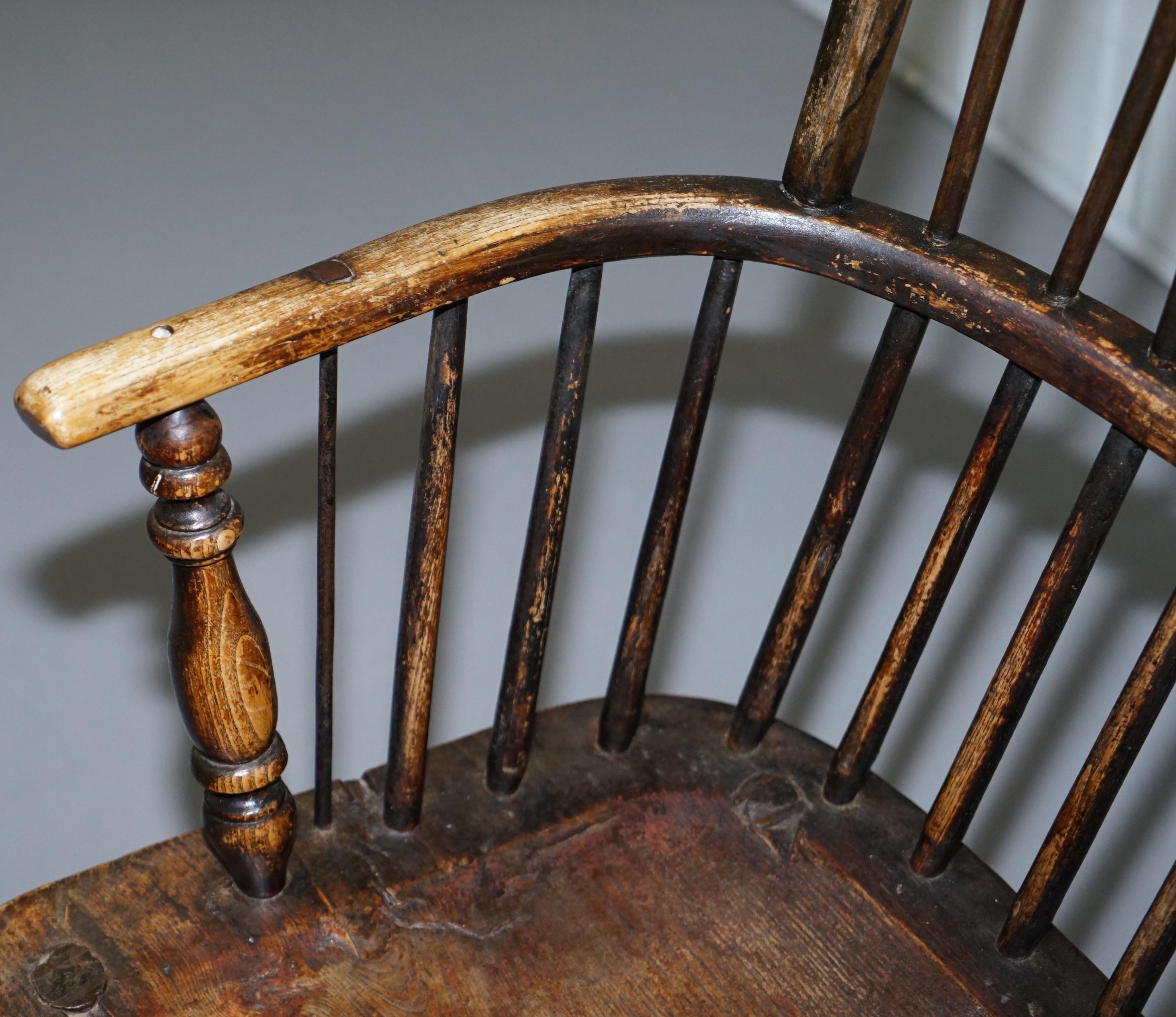 Early Original Worn Paint 19th Century Hoop Back West Country Windsor Armchair For Sale 2