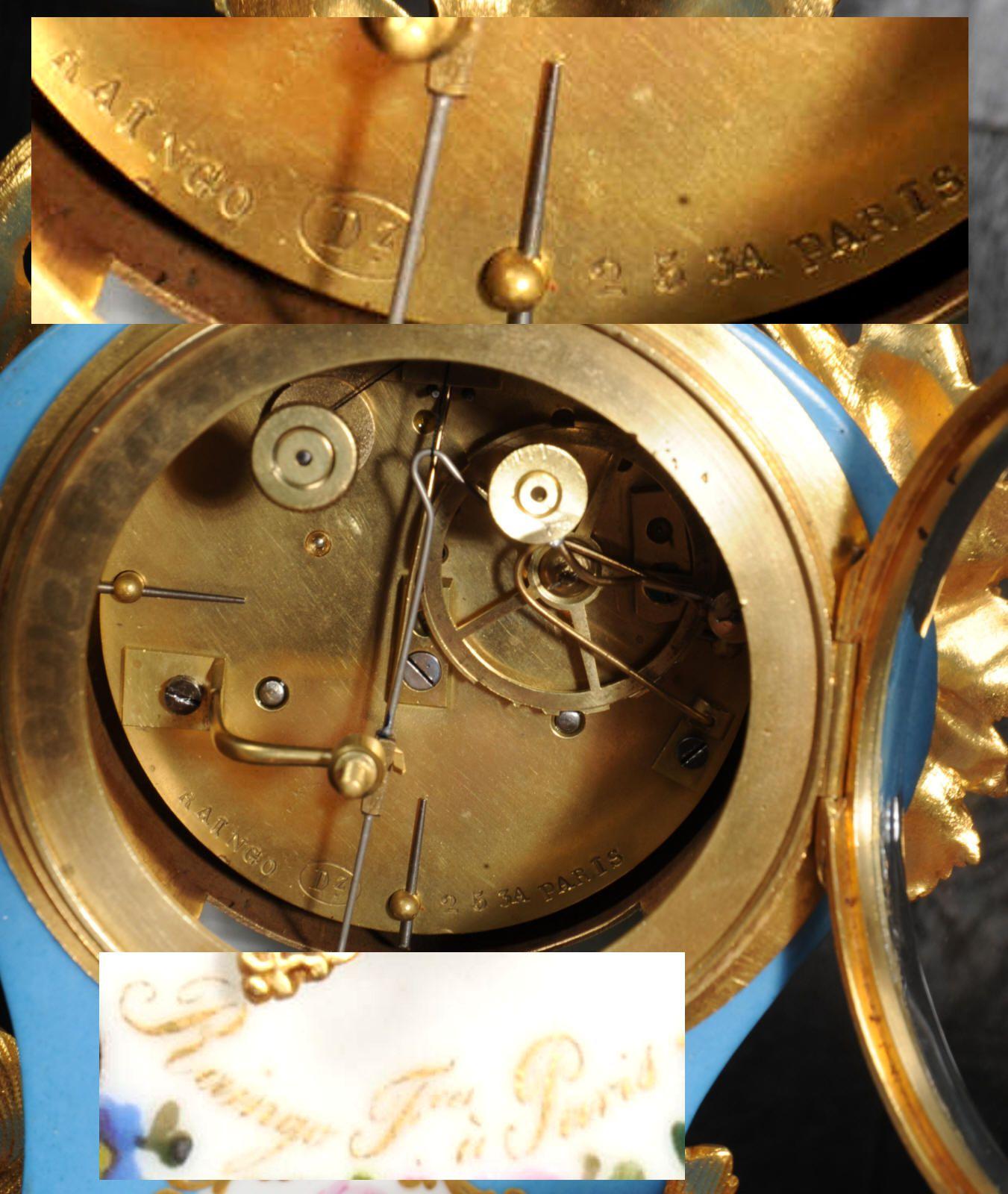 Horloge française ancienne en bronze doré et porcelaine de Raingo Freres 8