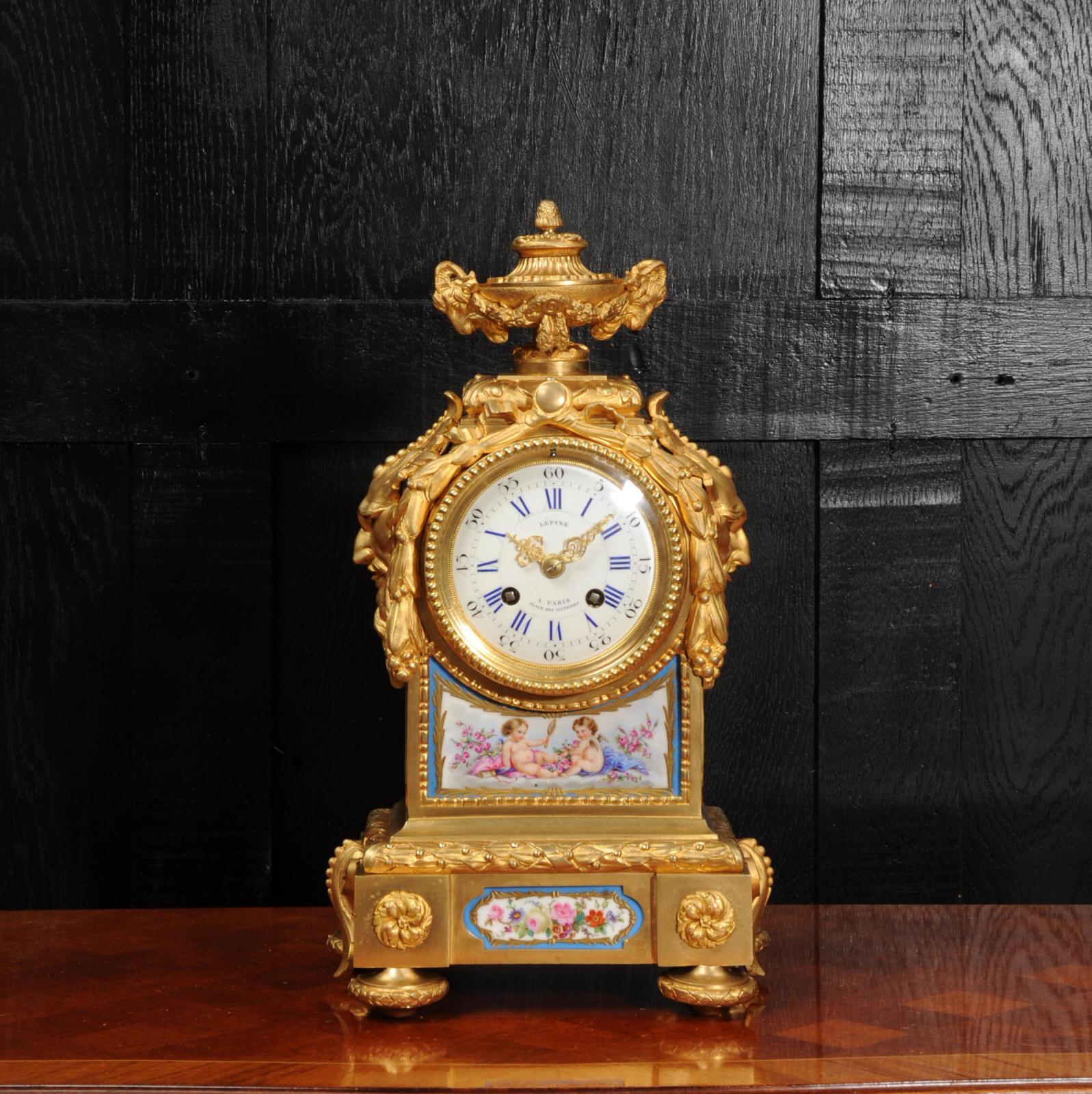 Gilt Early Ormolu and Sevres Porcelain Antique French Clock by Lepine Paris