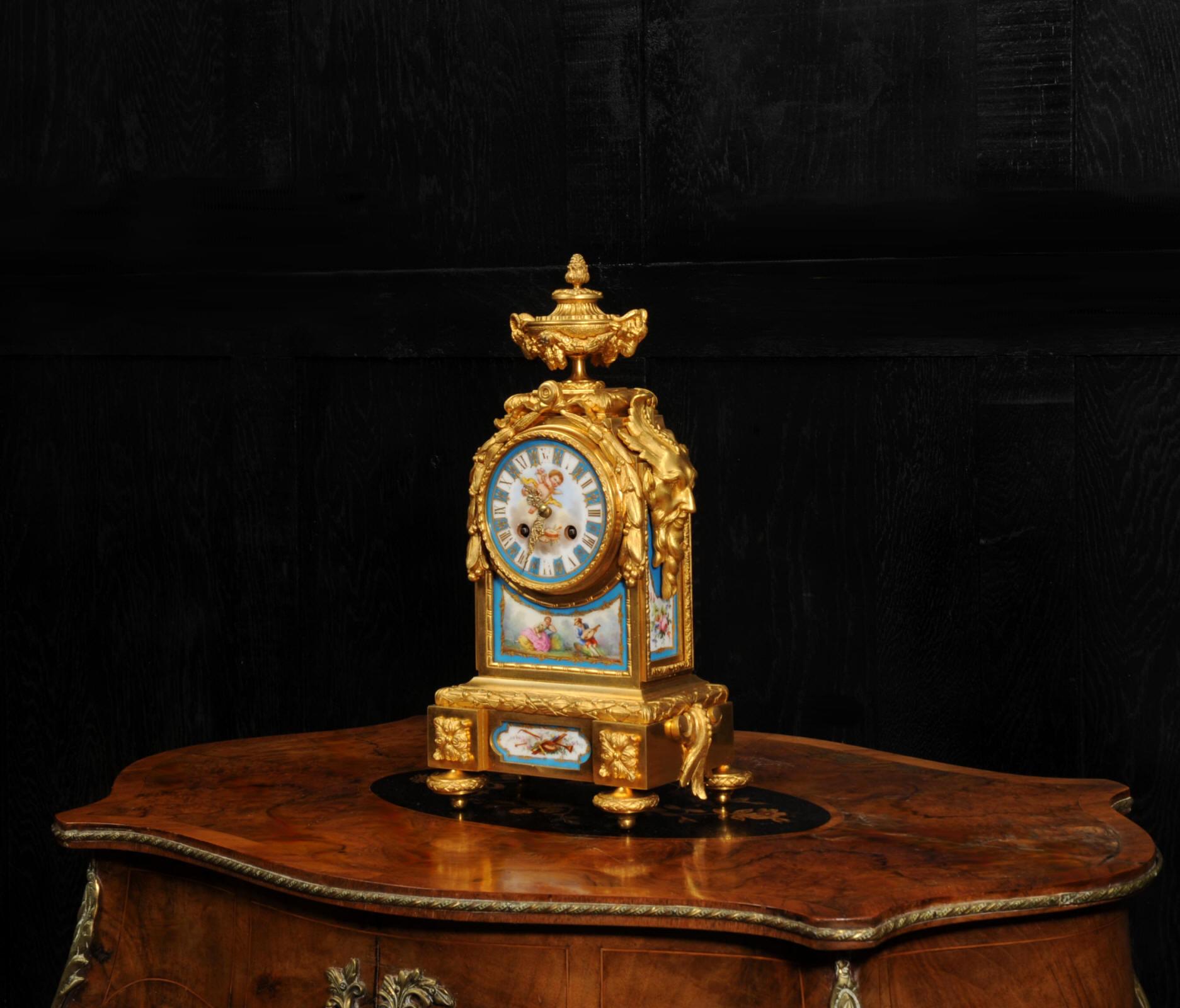 Hand-Painted Early Ormolu and Sevres Porcelain Antique French Clock - Japy Fils Fully Working For Sale