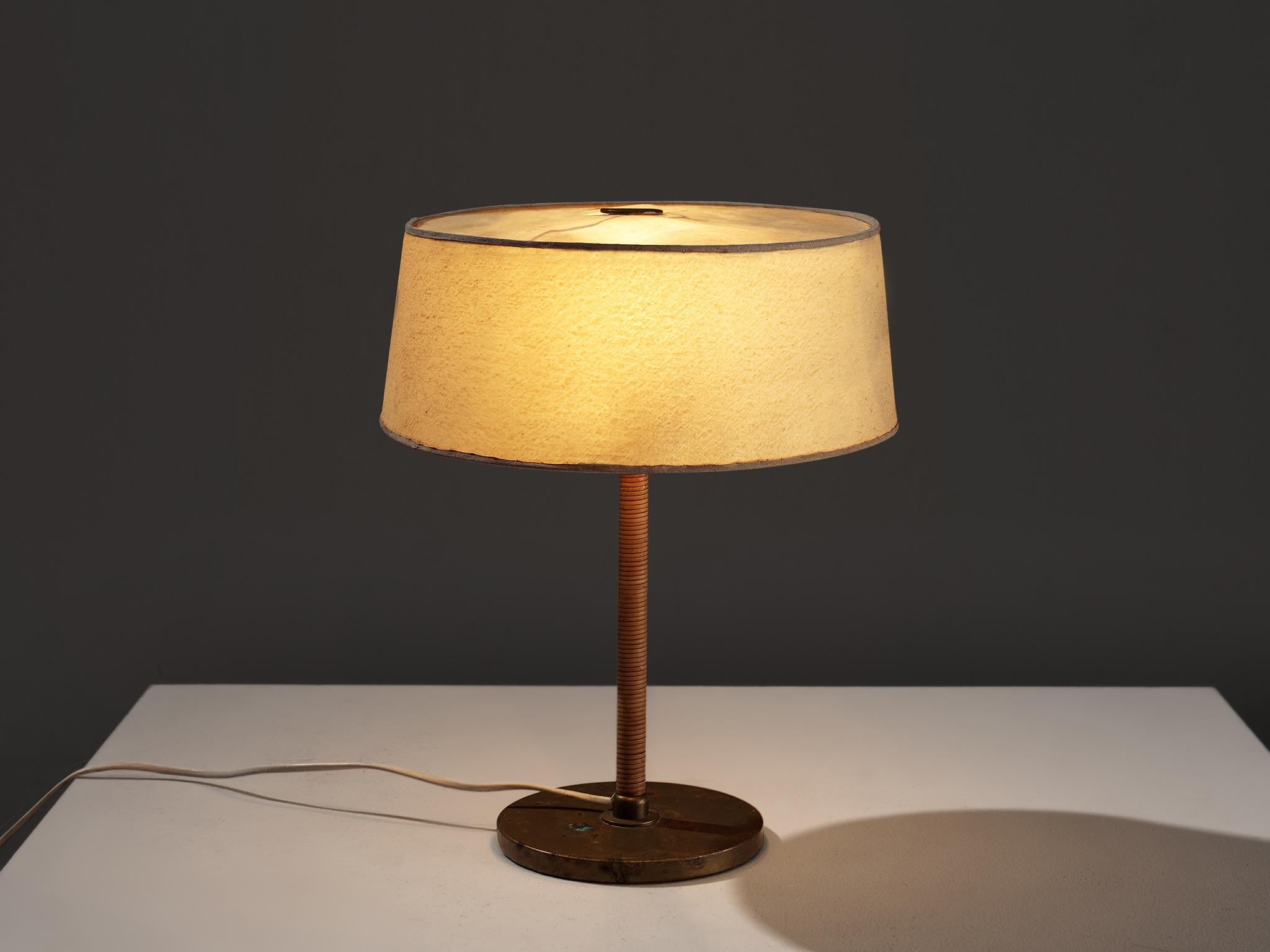 Paavo Tynell for Oy Taito Ab, table lamp, brass, cane, iron, Finland, 1930s

Early Paavo Tynell table lamp designed for Taito. This exquisite table lamp already holds all the characteristics of a true Tynell design. The slim stem covered in cane,