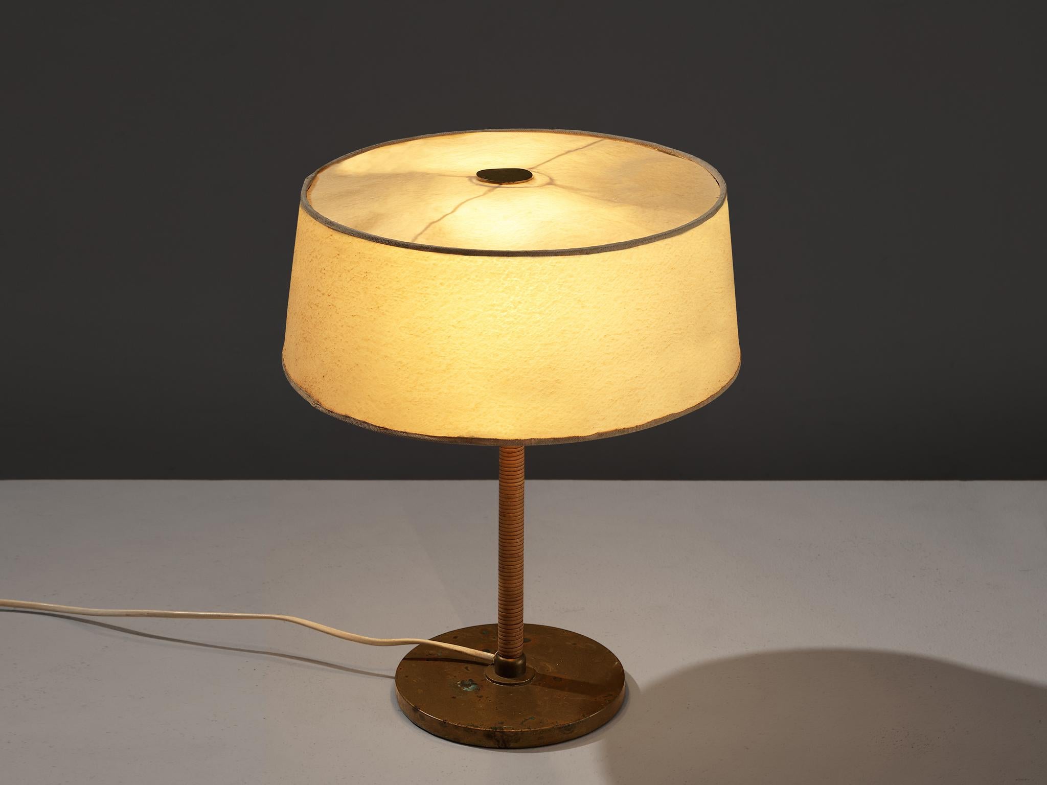 Paavo Tynell for Oy Taito Ab, table lamp, brass, cane, iron, Finland, 1930s

Early Paavo Tynell table lamp designed for Taito. This exquisite table lamp already holds all the characteristics of a true Tynell design. The slim stem covered in cane,