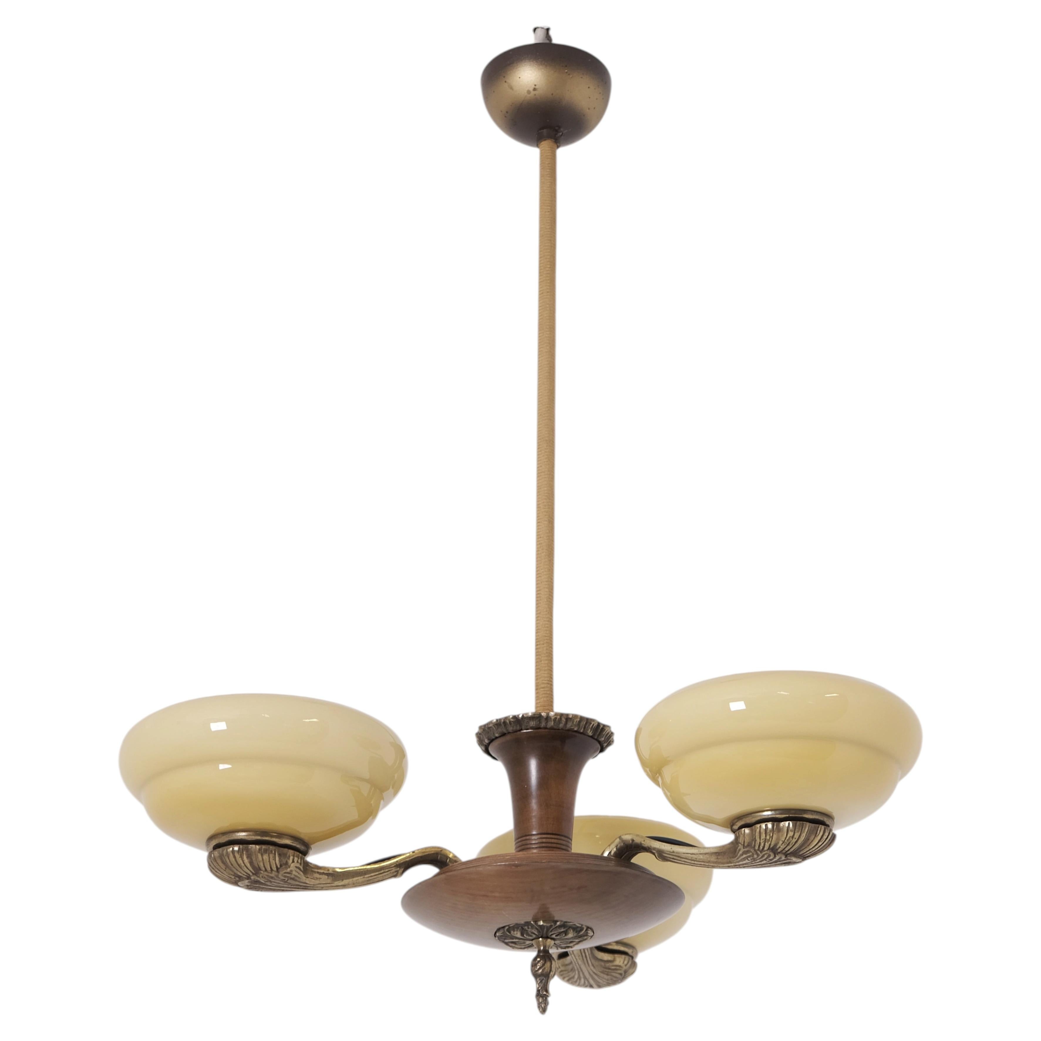 Early Paavo Tynell Chandelier 1376 in Brass, Birch & Opaline Glass, Taito 1930s
