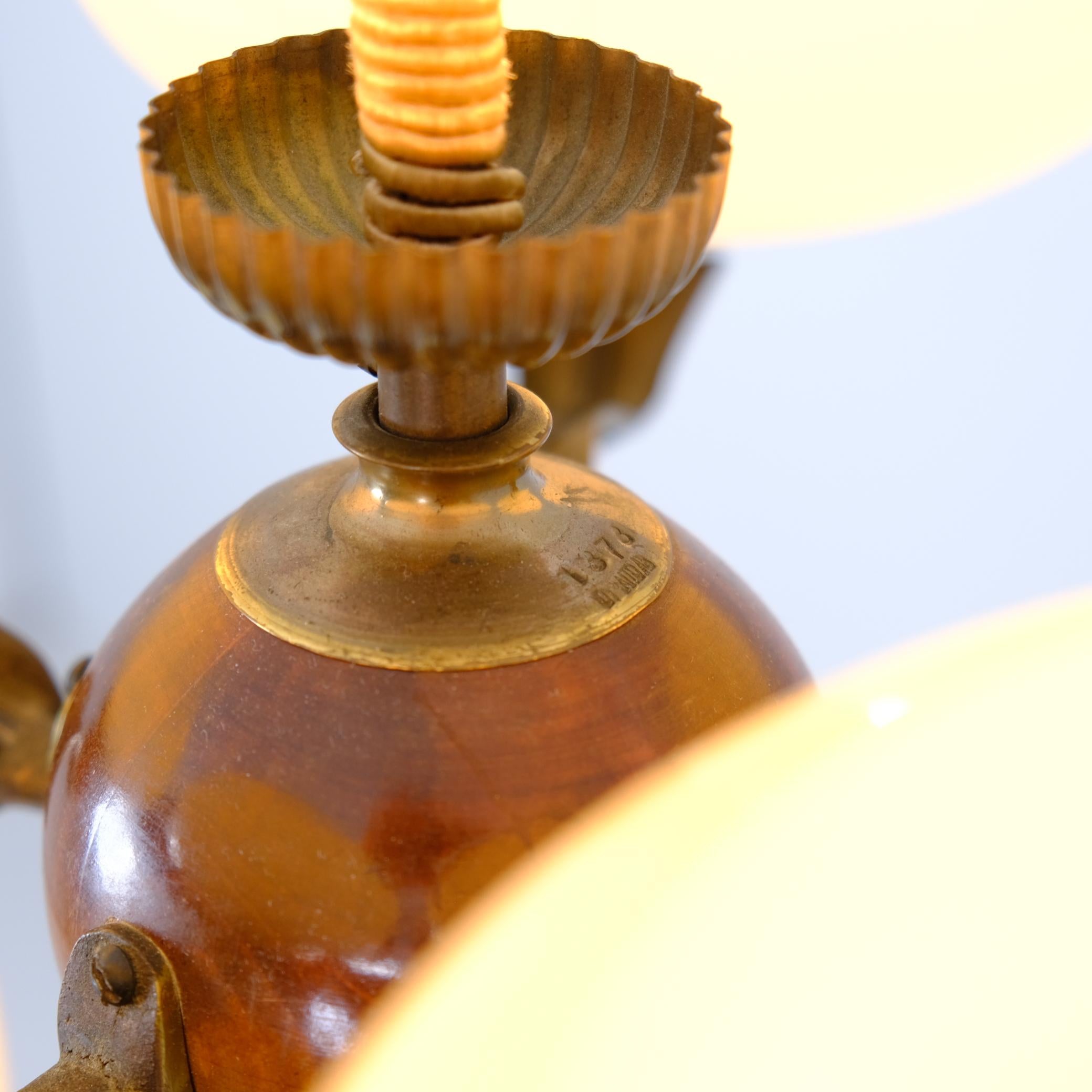 Early Paavo Tynell Pendant 1373 in Brass, Birch & Opaline Glass, Taito 1930s For Sale 4