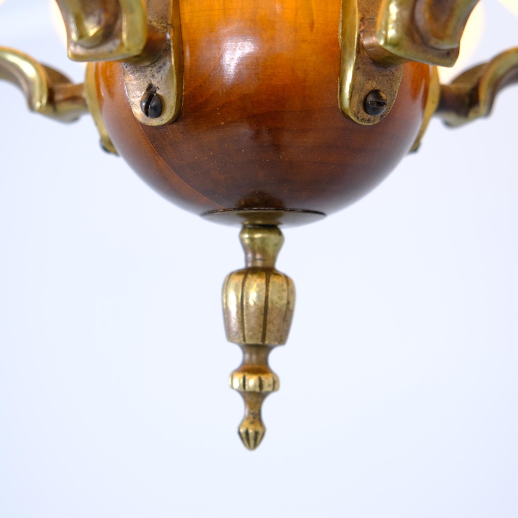 Early Paavo Tynell Pendant 1373 in Brass, Birch & Opaline Glass, Taito 1930s For Sale 5