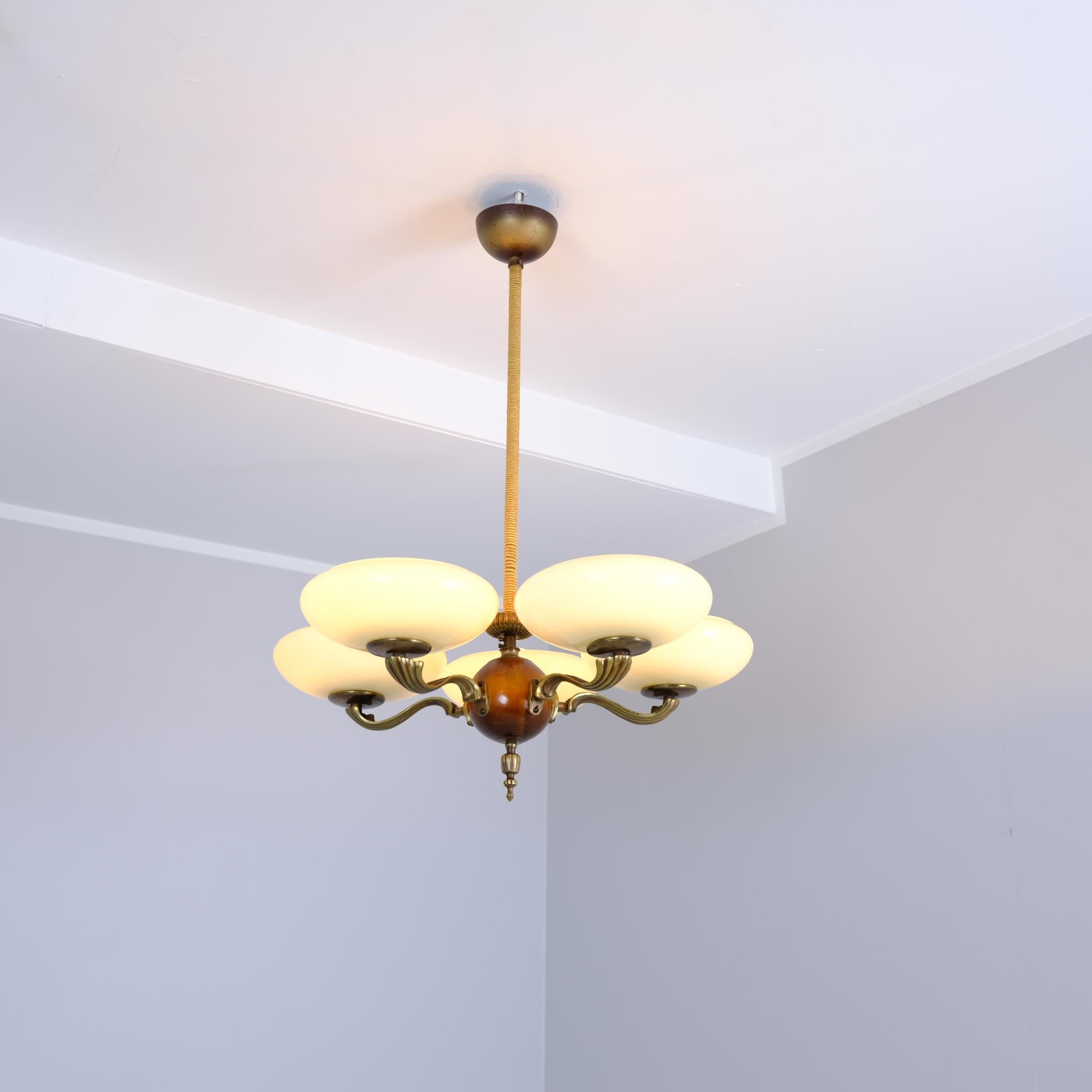 Neoclassical Early Paavo Tynell Pendant 1373 in Brass, Birch & Opaline Glass, Taito 1930s For Sale