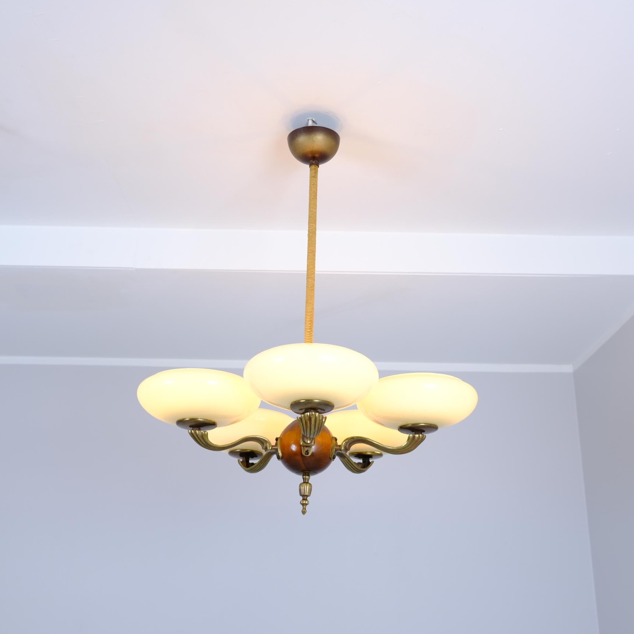 Finnish Early Paavo Tynell Pendant 1373 in Brass, Birch & Opaline Glass, Taito 1930s For Sale