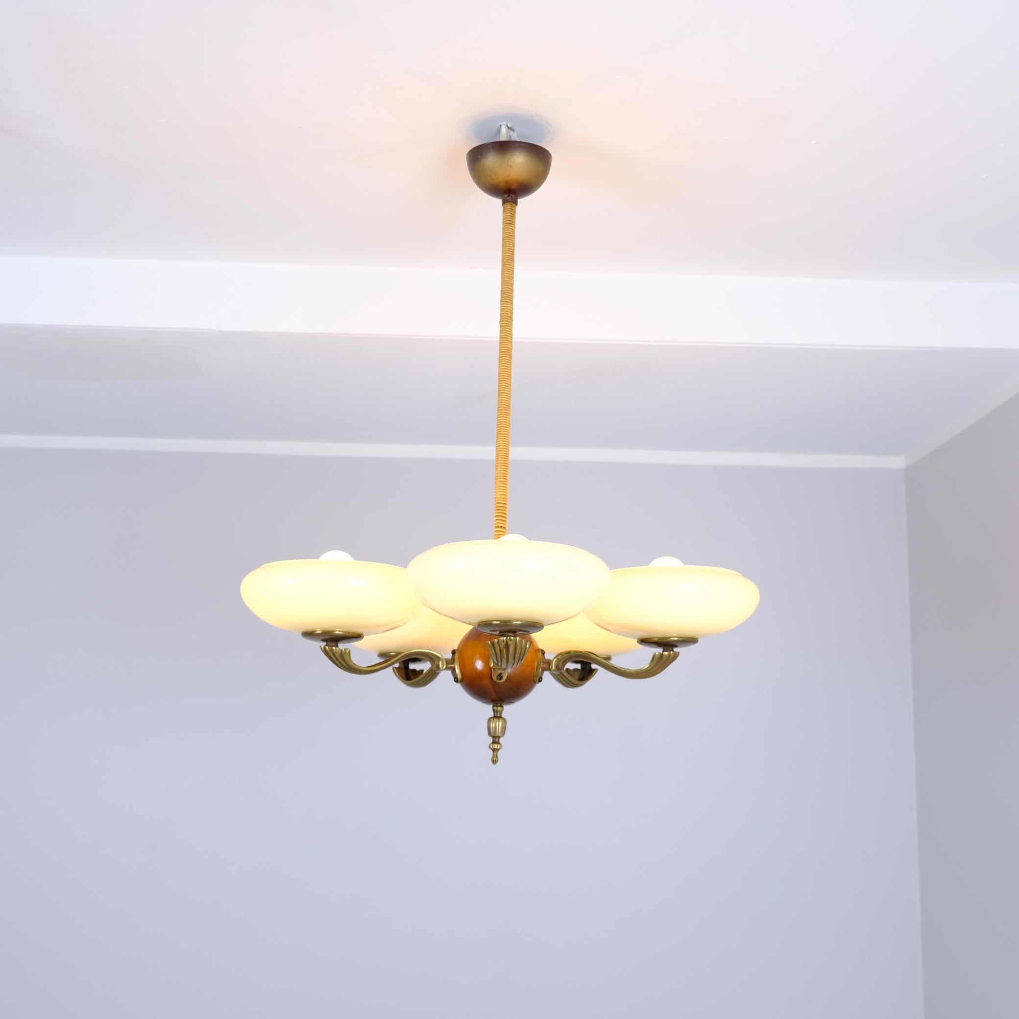 Early Paavo Tynell Pendant 1373 in Brass, Birch & Opaline Glass, Taito 1930s In Good Condition For Sale In Helsinki, FI