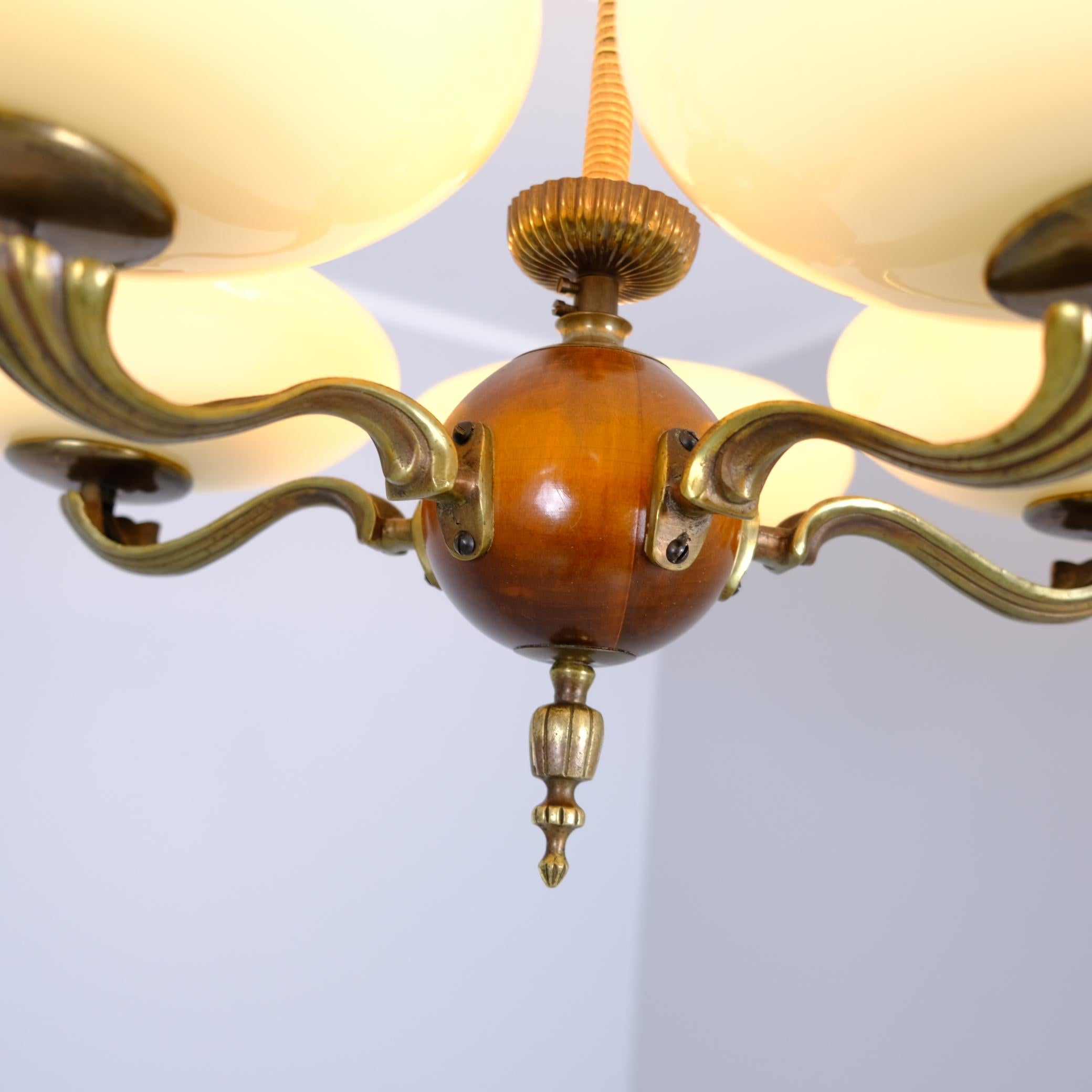 Mid-20th Century Early Paavo Tynell Pendant 1373 in Brass, Birch & Opaline Glass, Taito 1930s For Sale