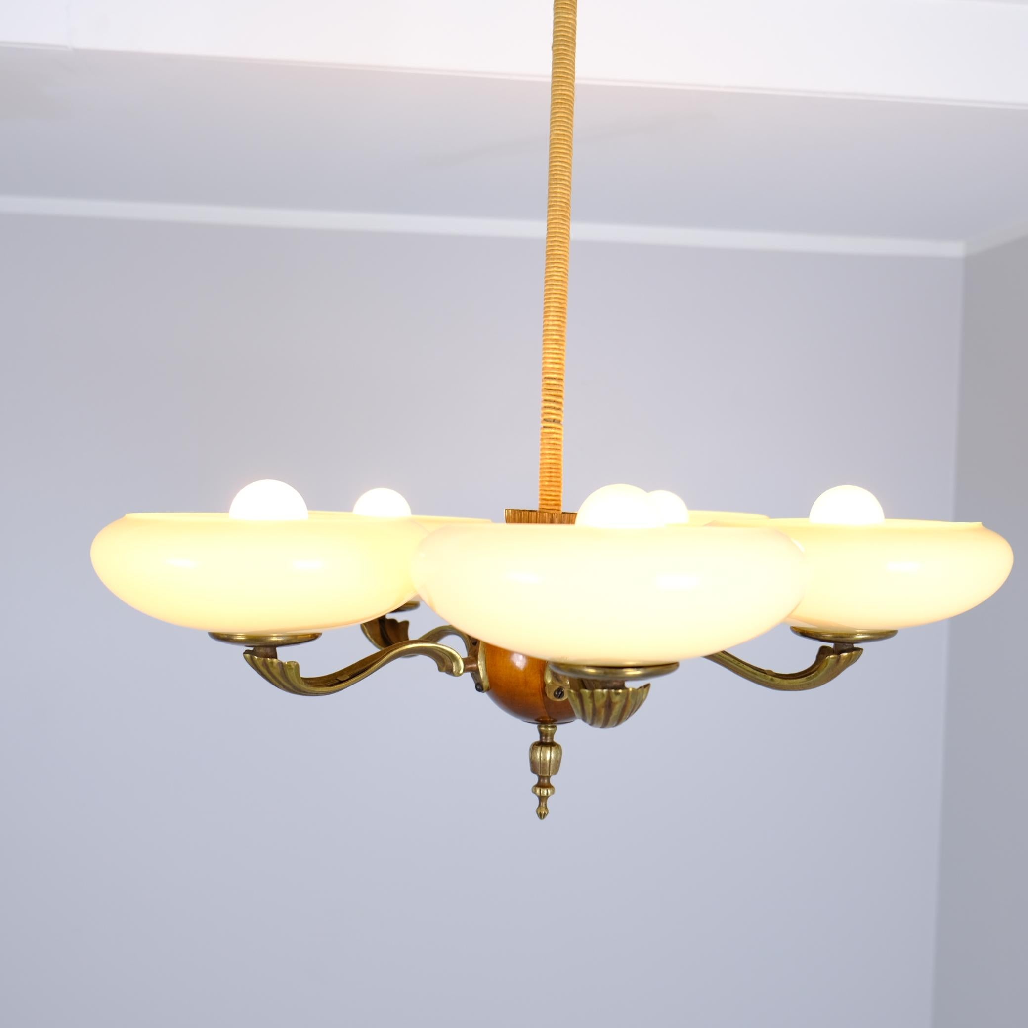 Early Paavo Tynell Pendant 1373 in Brass, Birch & Opaline Glass, Taito 1930s For Sale 1