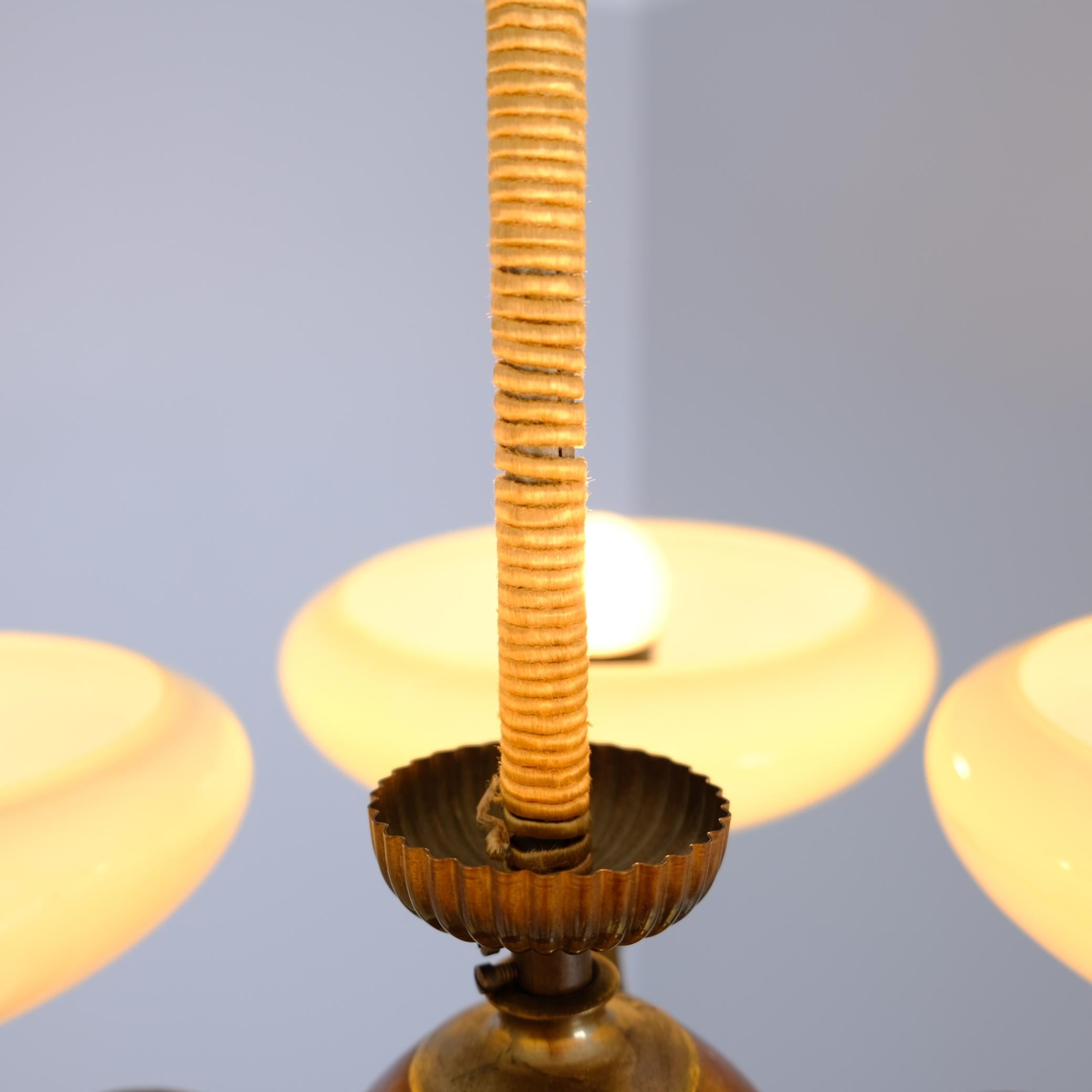 Early Paavo Tynell Pendant 1373 in Brass, Birch & Opaline Glass, Taito 1930s For Sale 2