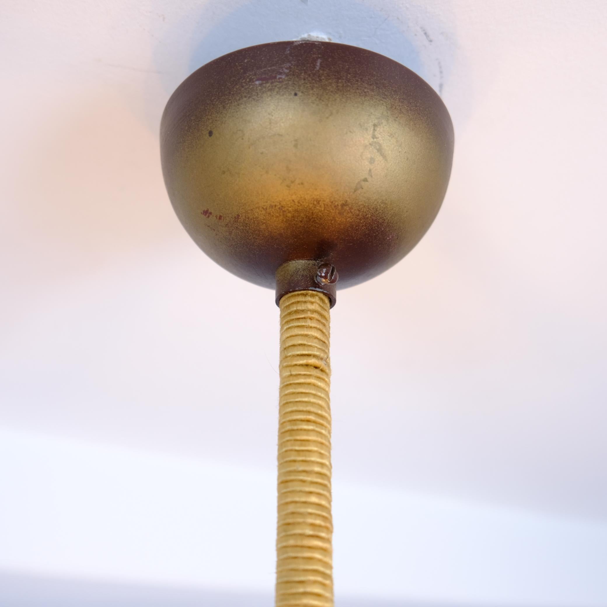 Early Paavo Tynell Pendant 1373 in Brass, Birch & Opaline Glass, Taito 1930s For Sale 3