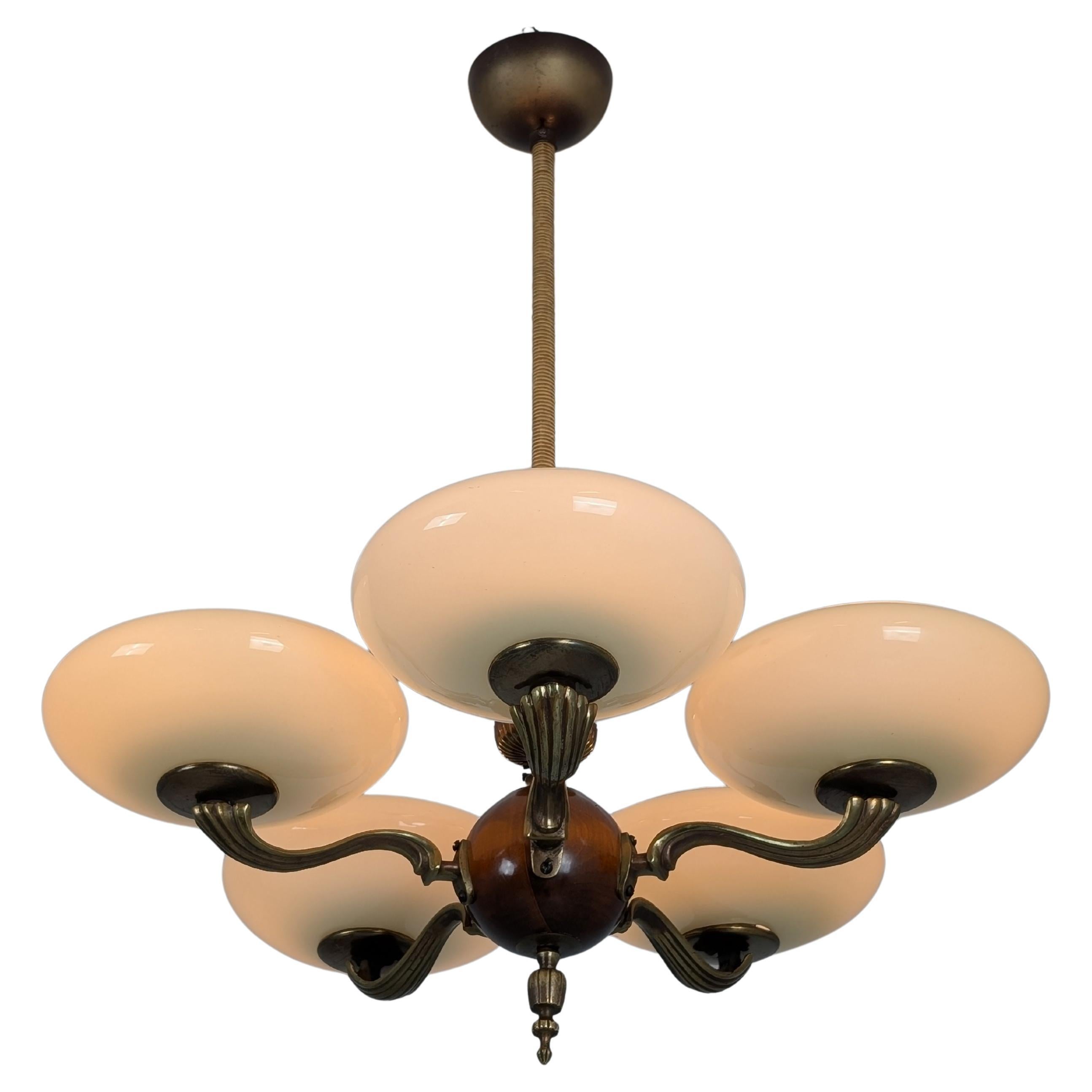 Early Paavo Tynell Pendant 1373 in Brass, Birch 
Opaline Glass, Taito 1930s For Sale