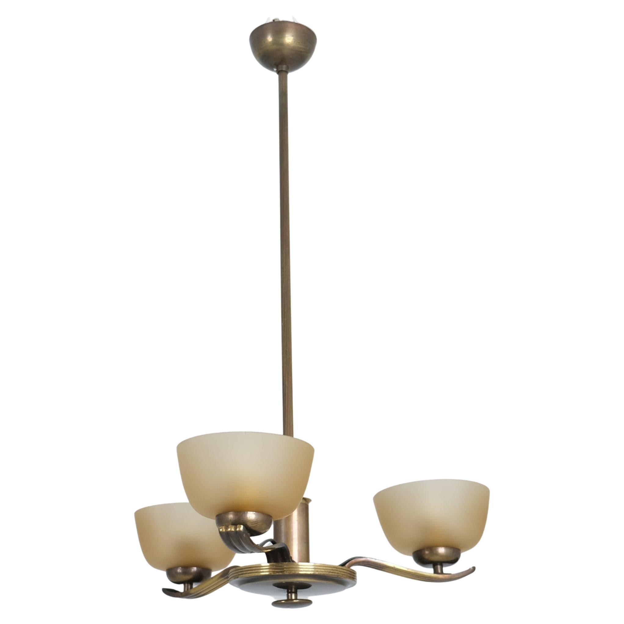 Early Paavo Tynell Pendant in Brass 
Opaline Glass, Taito 1940s