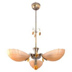 Frühe Paavo Tynell Pendelleuchte Modell 1469 aus Messing und bernsteinfarbenem Muschelglas, Taito 1940er Jahre