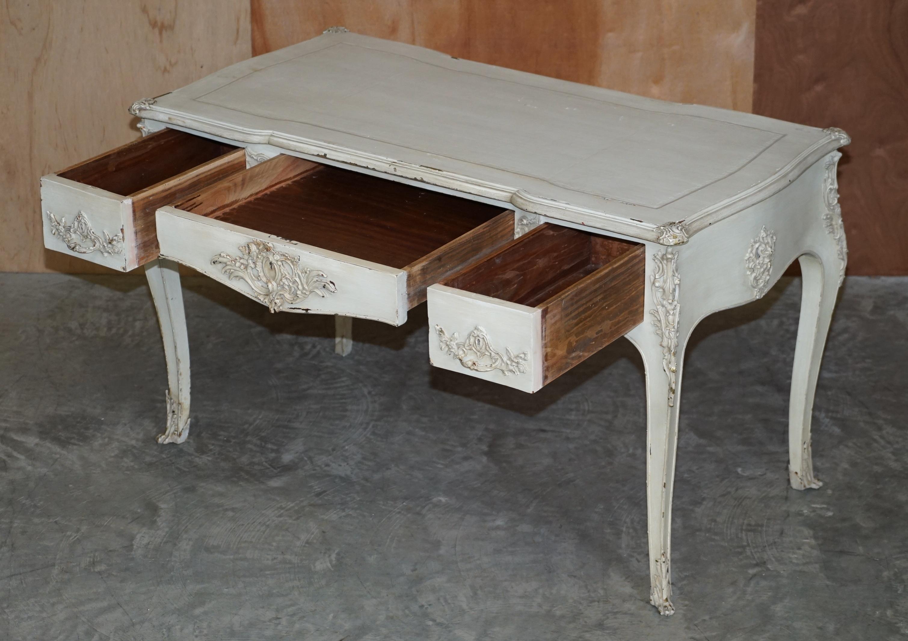 Early Paint Antique French Louis XV Style Bureau Plat Writing Desk & Stool For Sale 9