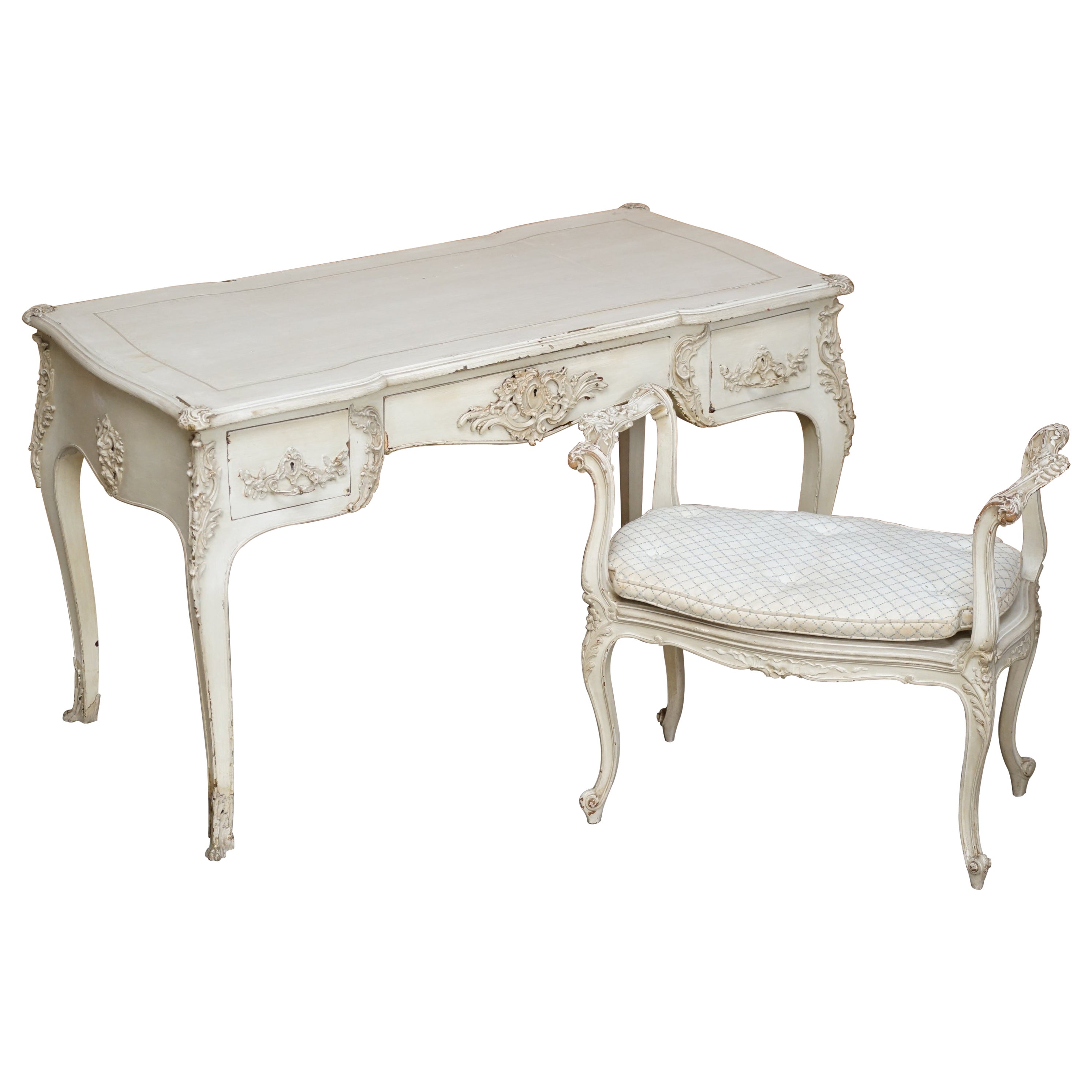 Early Paint Antique French Louis XV Style Bureau Plat Writing Desk & Stool