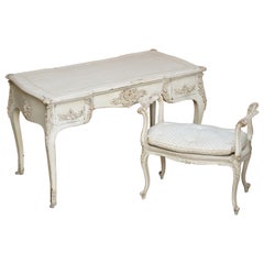 Early Paint Antique French Louis XV Style Bureau Plat Writing Desk & Stool