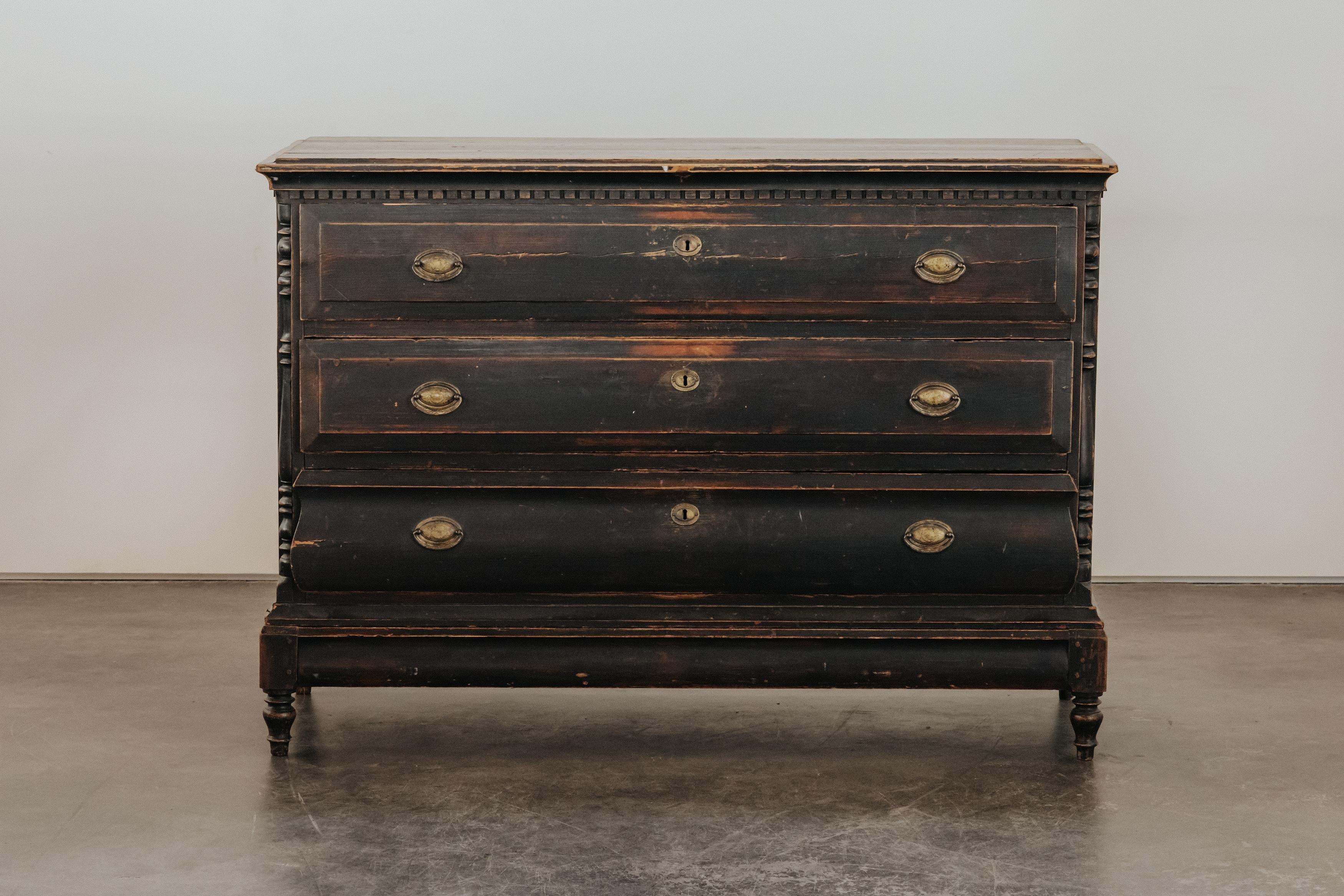 Early Painted Chest Of Drawers From Sweden, Circa 1850.  Large model with three drawers and original hardware.  Nice patina and wear.