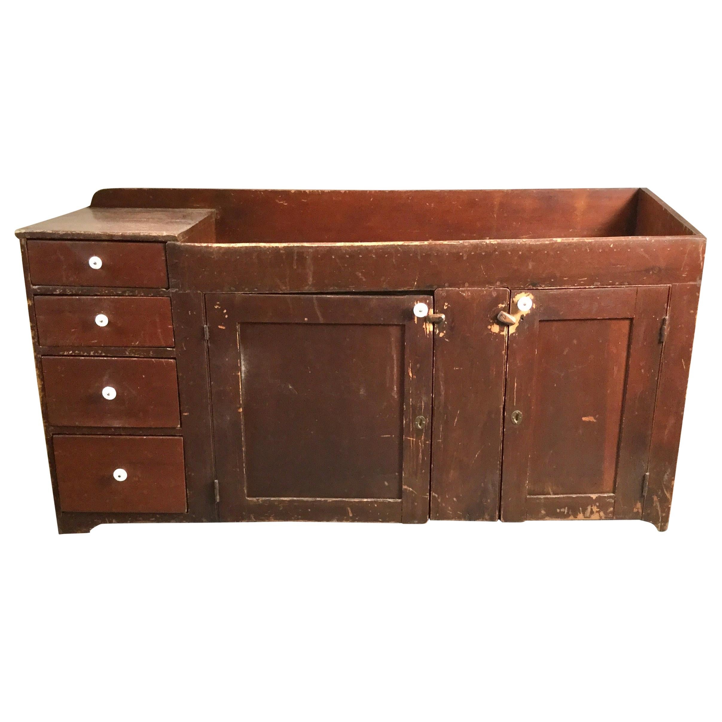 Early Painted Primitive Pine Dry Sink, 1830s