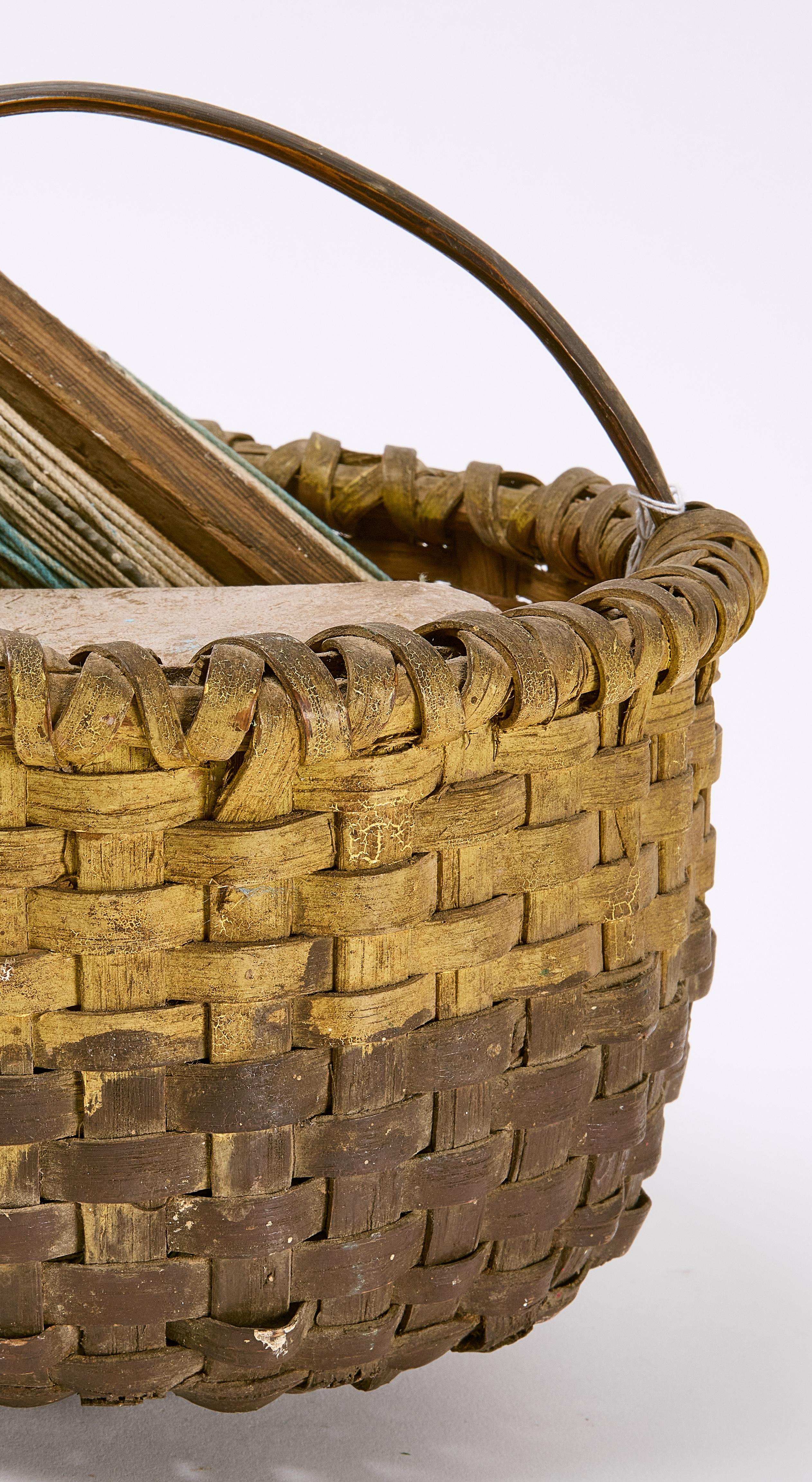 Hand-Crafted Early  Painted Sewing Basket with Contents For Sale