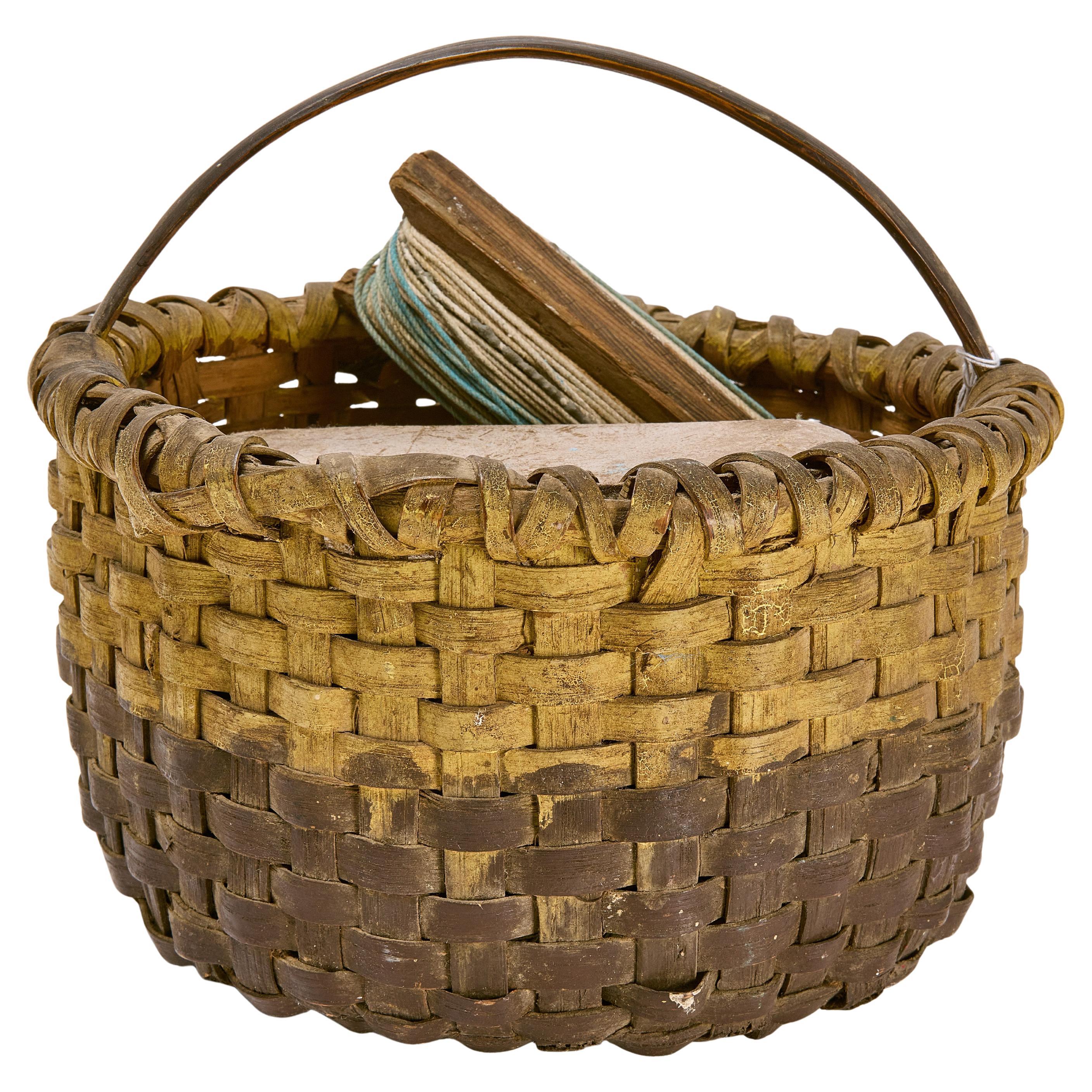 Early  Painted Sewing Basket with Contents For Sale
