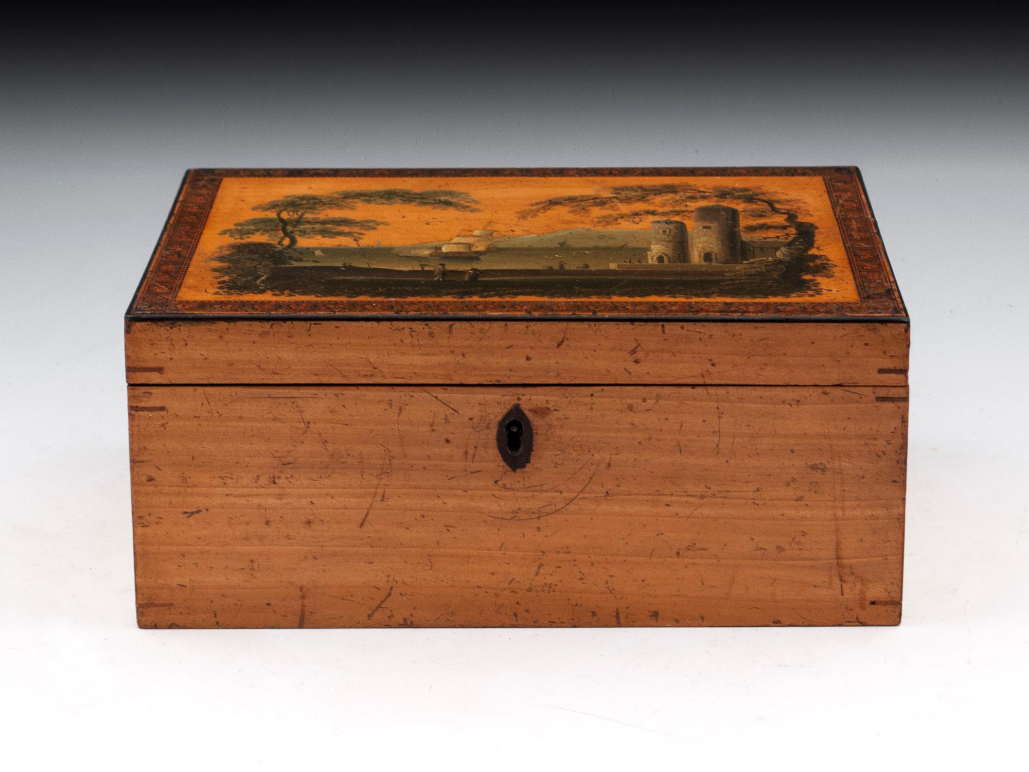 British Sycamore Early Tunbridge Box Painted Ship, 19th Century For Sale