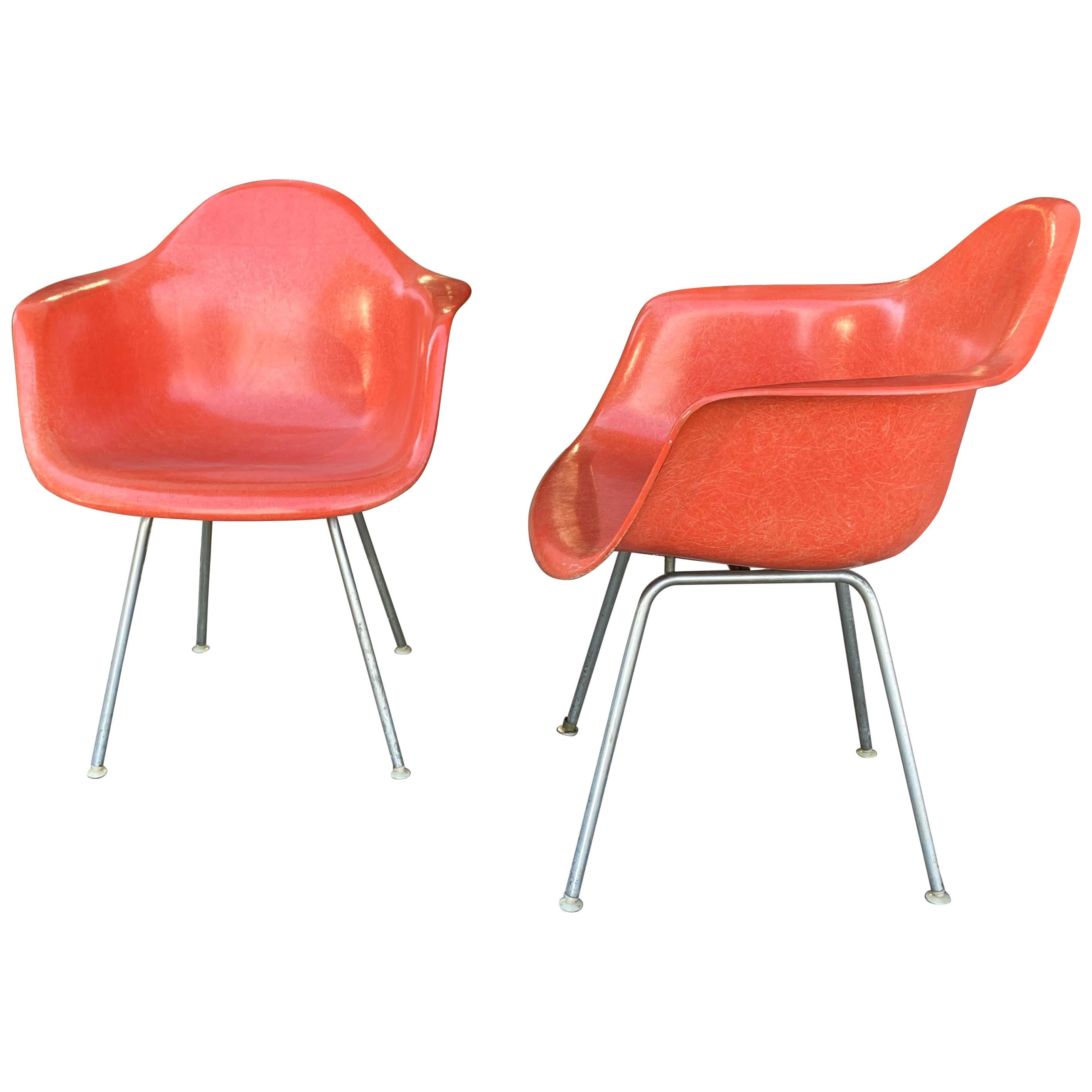 Early Pair of Charles Eames Fiberglass Arm Shell Chairs "Crimson" Herman Miller