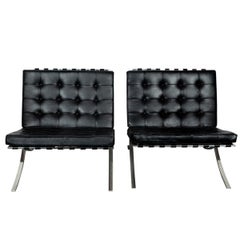 Early Pair MCM Knoll Barcelona Chairs Black Leather Mies van der Rohe 1961