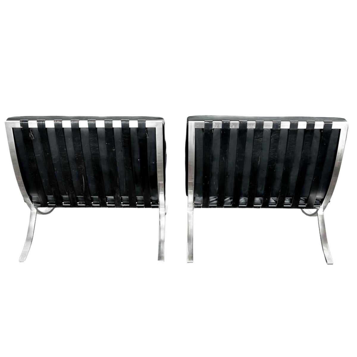 Early Pair MCM Knoll Barcelona Chairs Black Leather Mies van der Rohe 1961 In Good Condition For Sale In Portland, OR