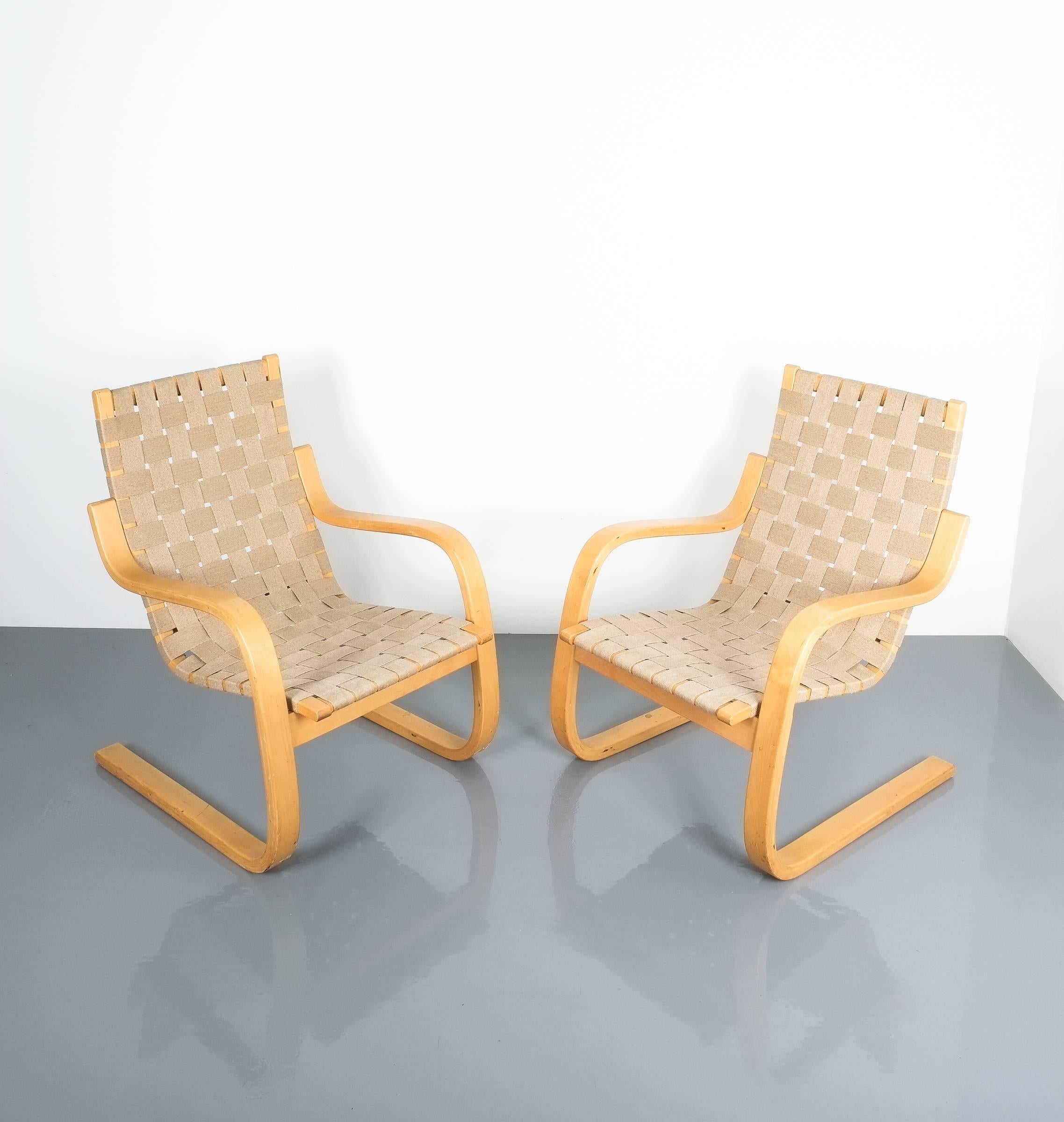 Cotton Early Pair of Alvar Aalto Armchairs Chair Model 406 Artek, 1960
