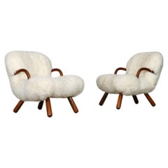 Early Pair Of Arnold Madsen Clam Chairs In Curly Sheepskin, 1944