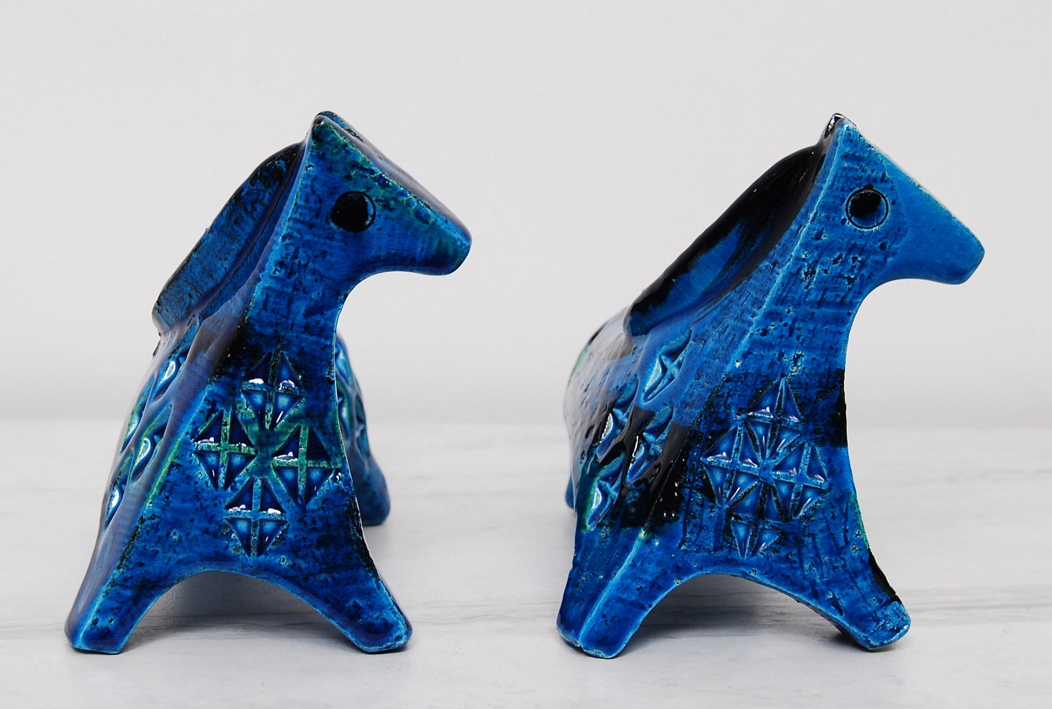 Mid-Century Modern Early Pair of Bitossi Sculptural Horses in Rimini Blue Ceramic by Aldo Londi