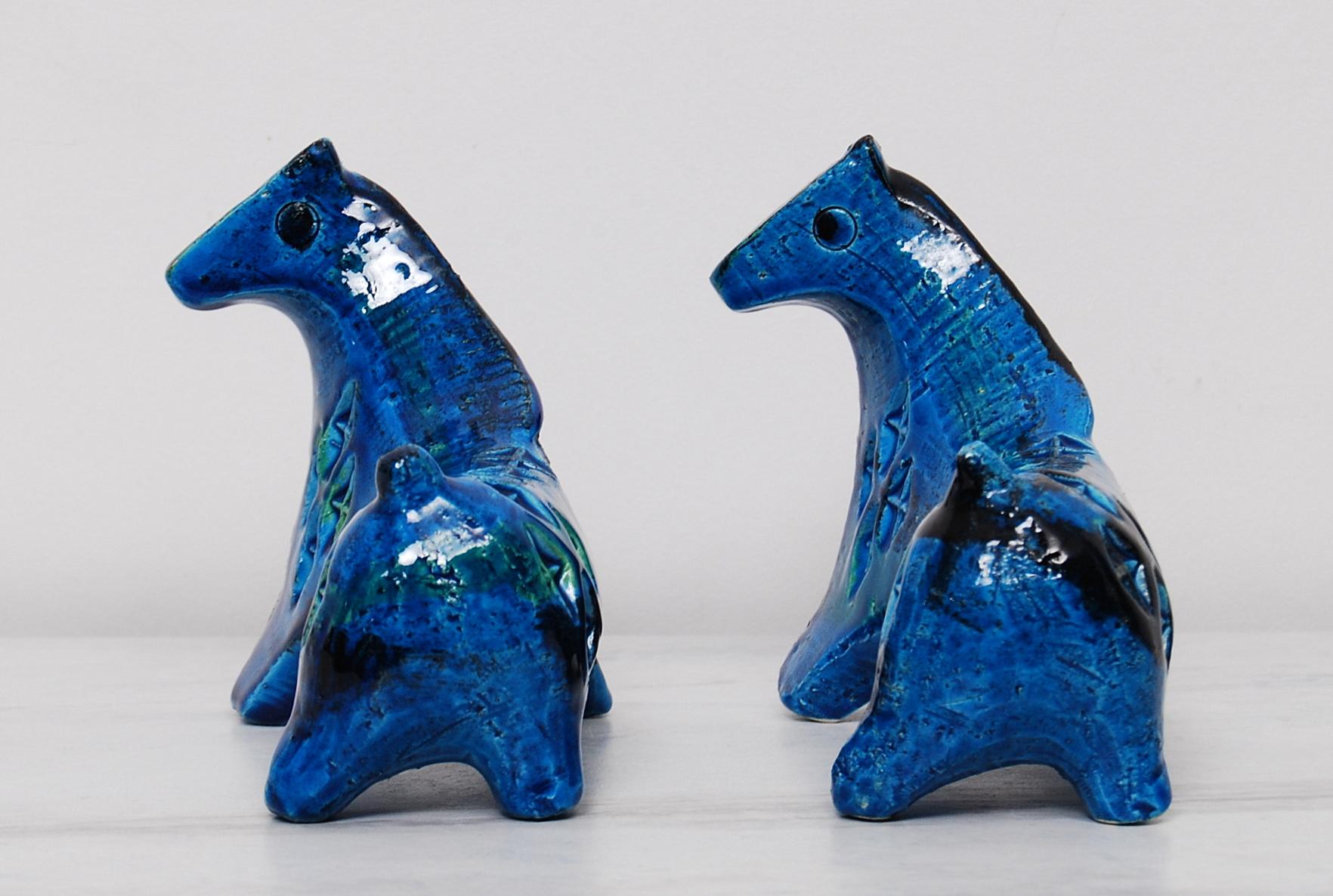 Italian Early Pair of Bitossi Sculptural Horses in Rimini Blue Ceramic by Aldo Londi