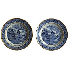 Antique Early Pair of Davenport Ironstone Plates Blue and White Broseley Ptn, circa 1815