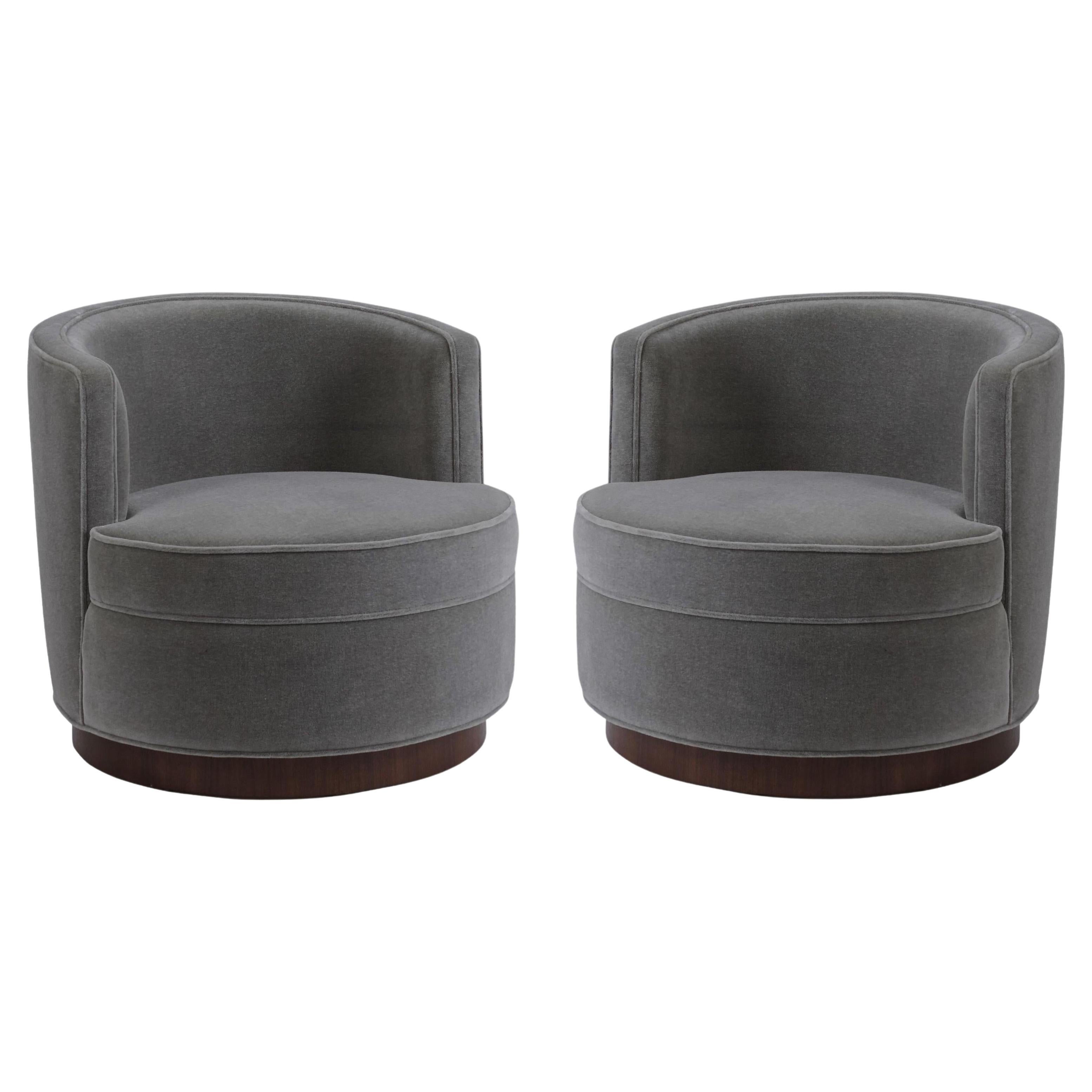 Early Pair of Grey Mohair Swivel Chairs by Edward Wormley for Dunbar, Restored