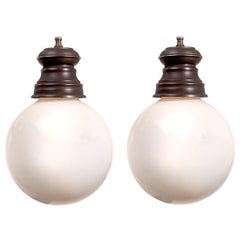 Early Pair of Hand Blown Milk Glass Globe Pendants