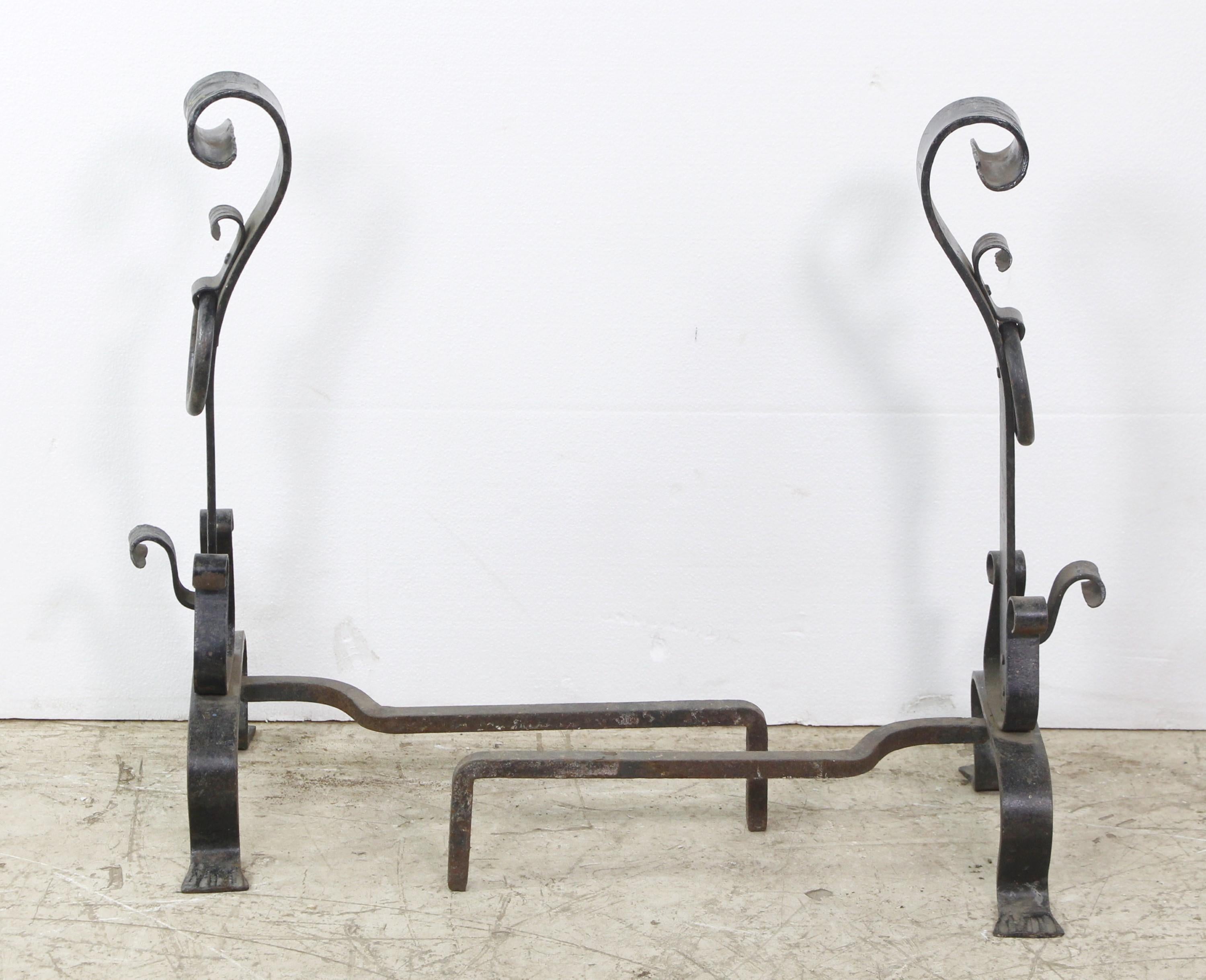 Early Pair of Hand Wrought Iron Arts & Crafts Andirons In Good Condition In New York, NY