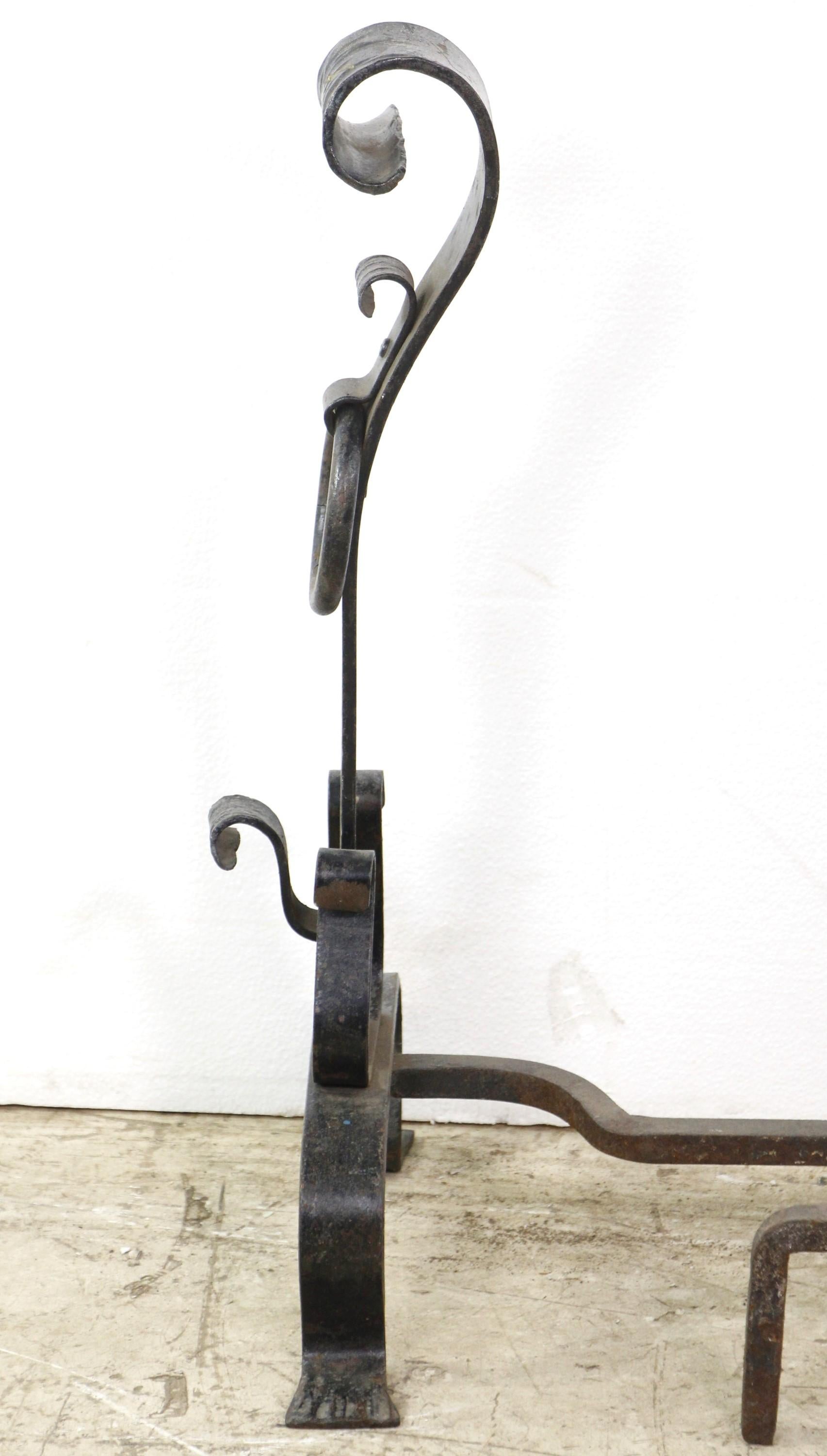 20th Century Early Pair of Hand Wrought Iron Arts & Crafts Andirons