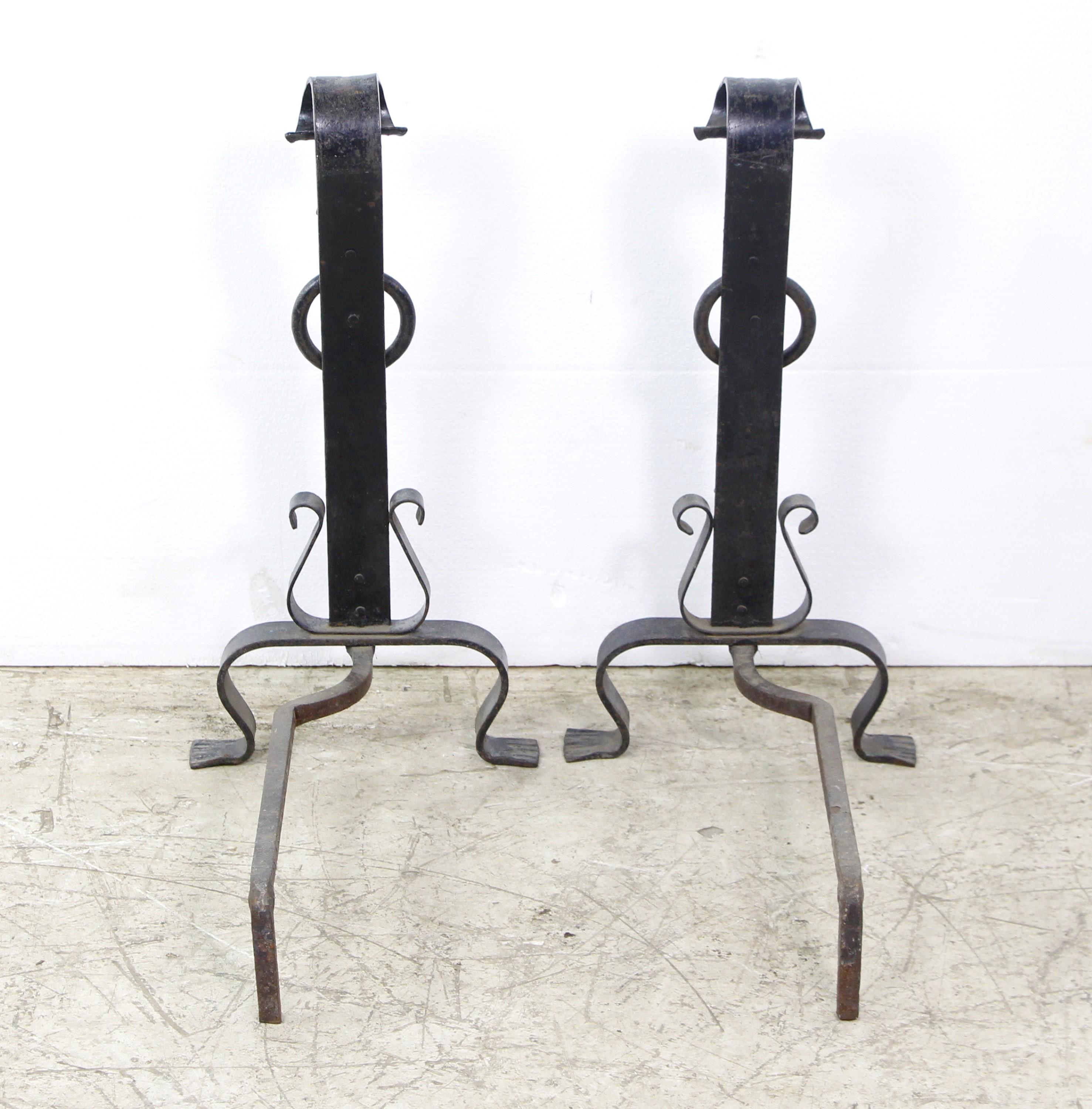 Early Pair of Hand Wrought Iron Arts & Crafts Andirons 1