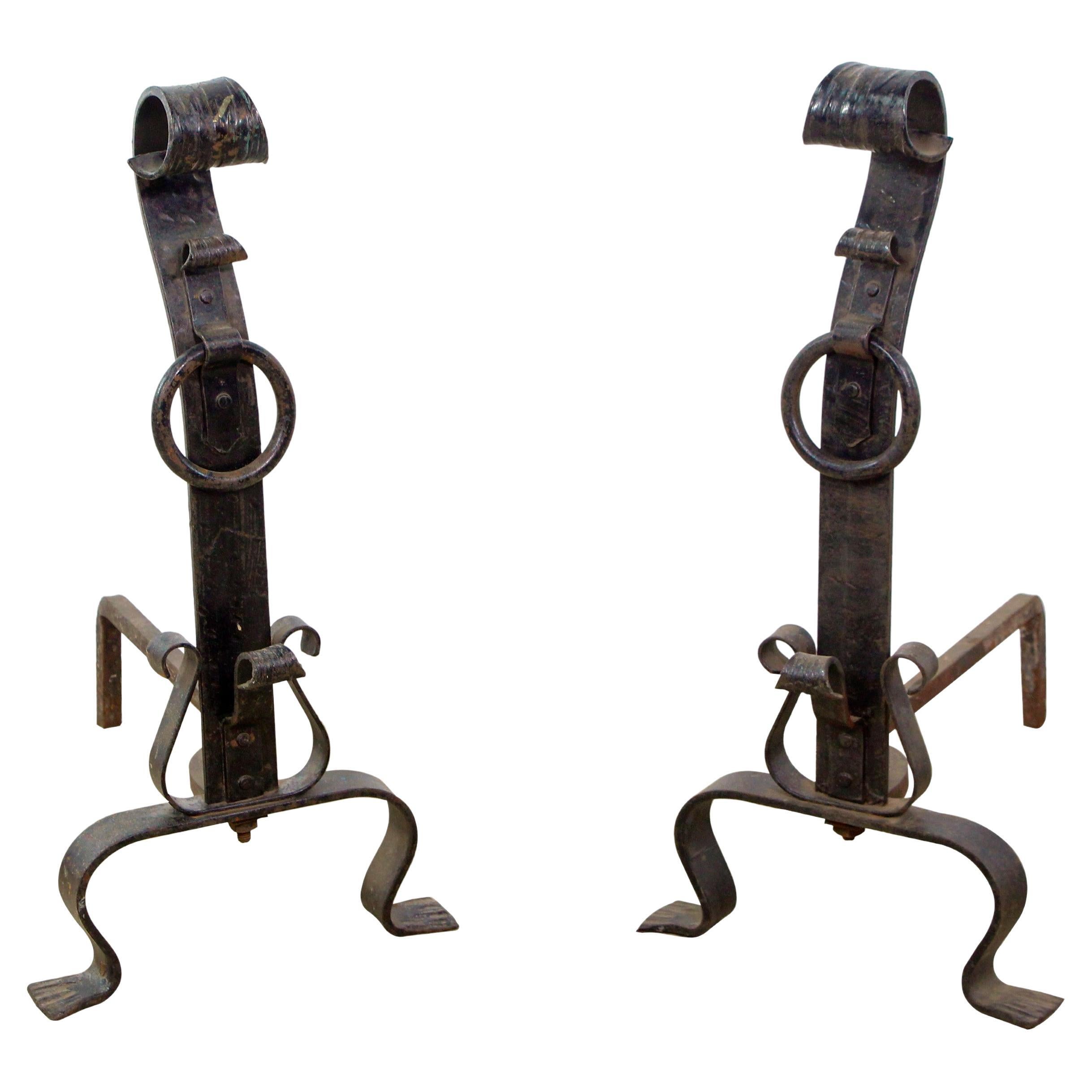 Early Pair of Hand Wrought Iron Arts & Crafts Andirons