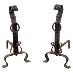 Early Pair of Hand Wrought Iron Arts & Crafts Andirons