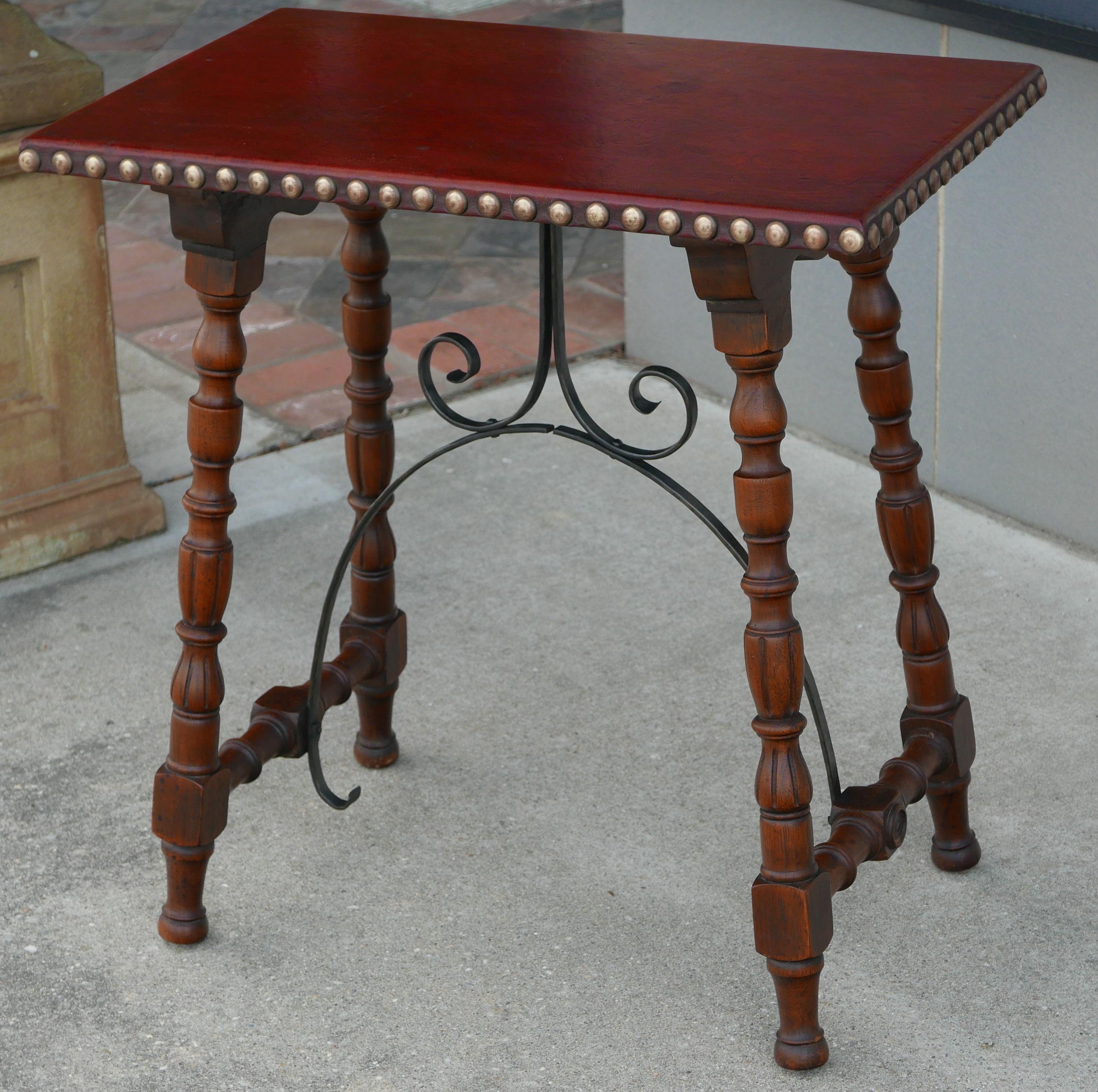 Turned Early Pair of Leather Top Kittinger Spanish Revival Tables