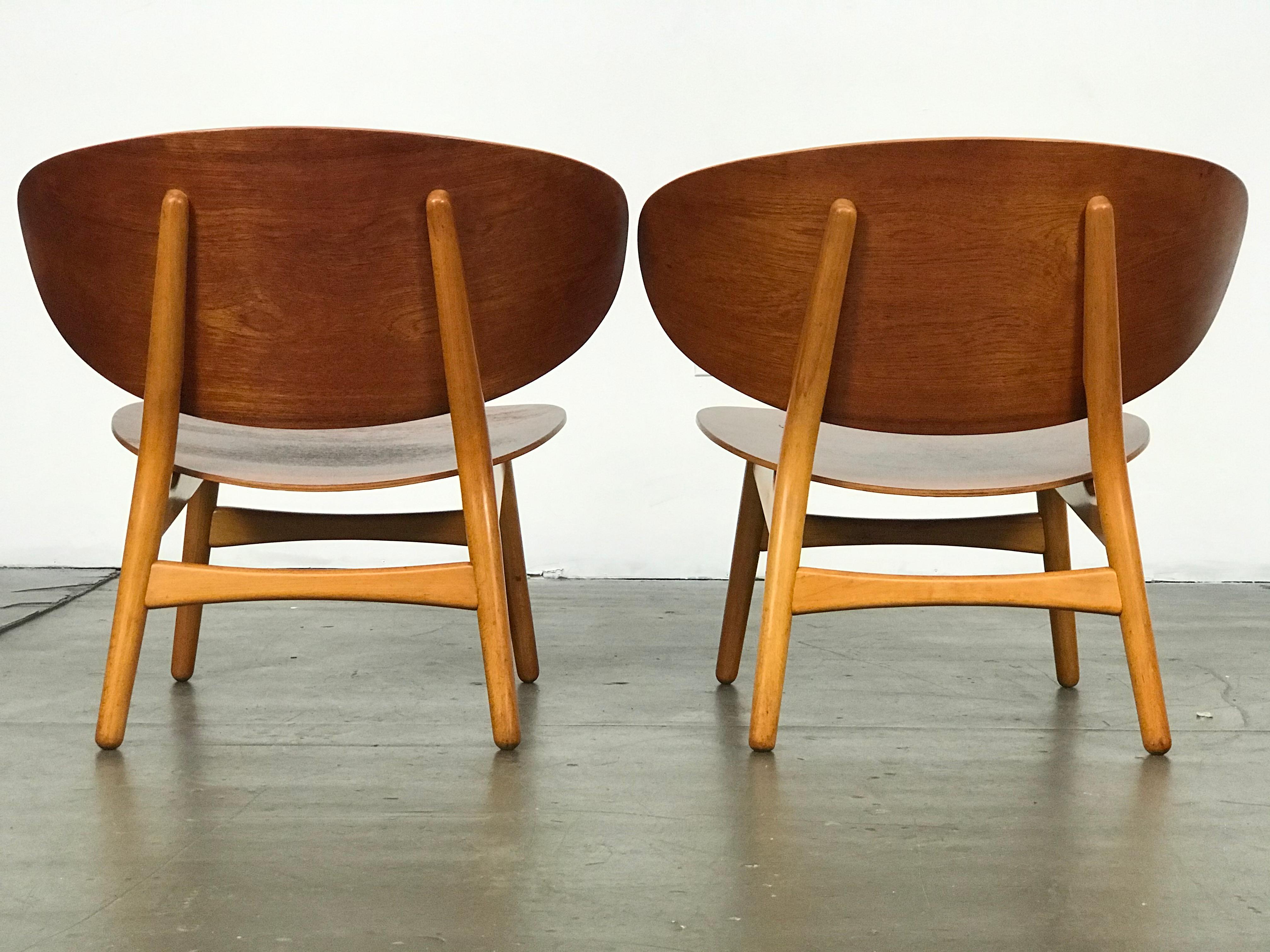 Mid Century Modern Lounge Chairs by Hans Wegner in Teak and Beech  In Good Condition In Framingham, MA