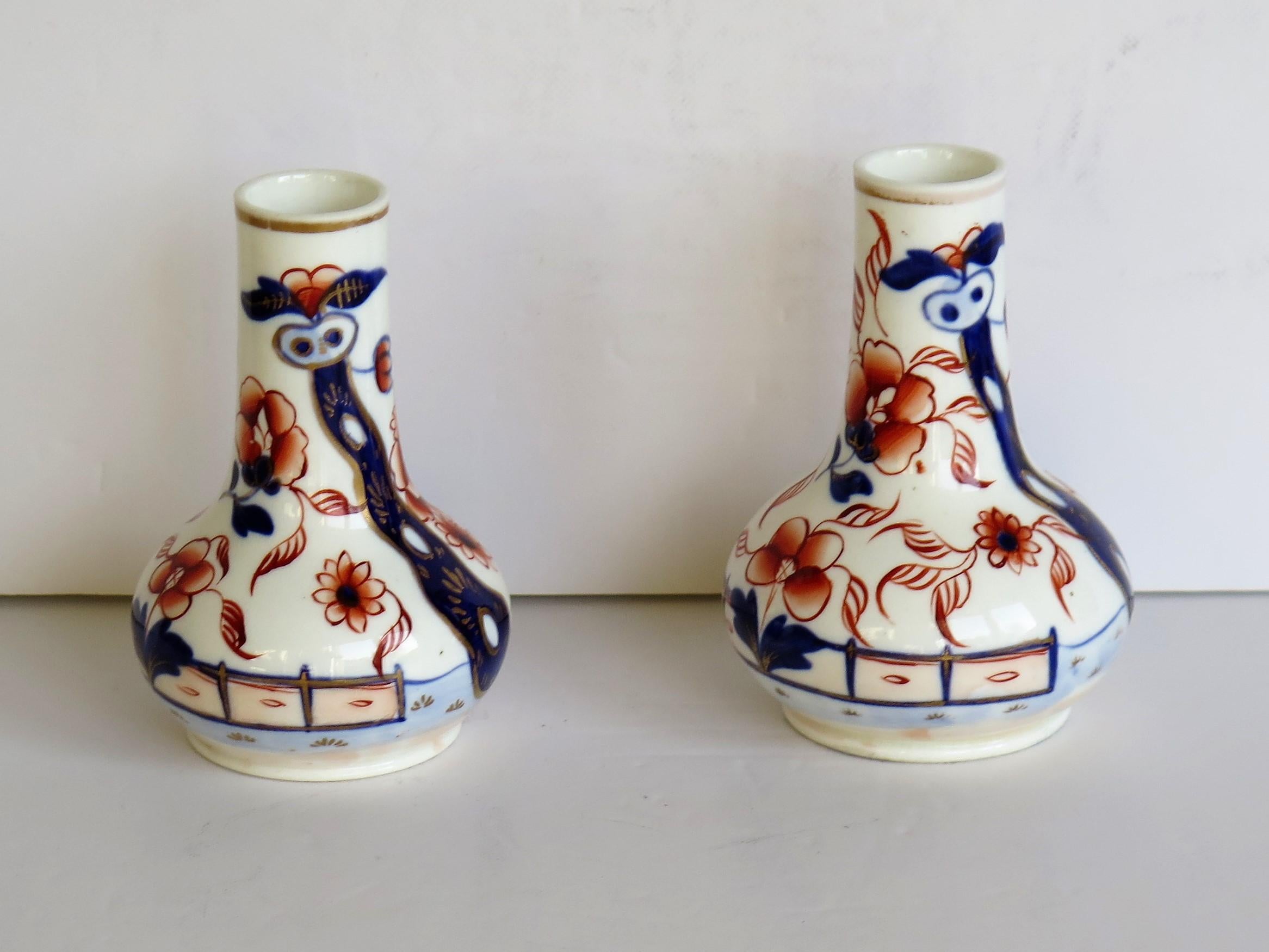 Chinoiserie Early Pair of Mason's Scent Bottles or Small Vases in Fence Japan Ptn circa 1825 For Sale