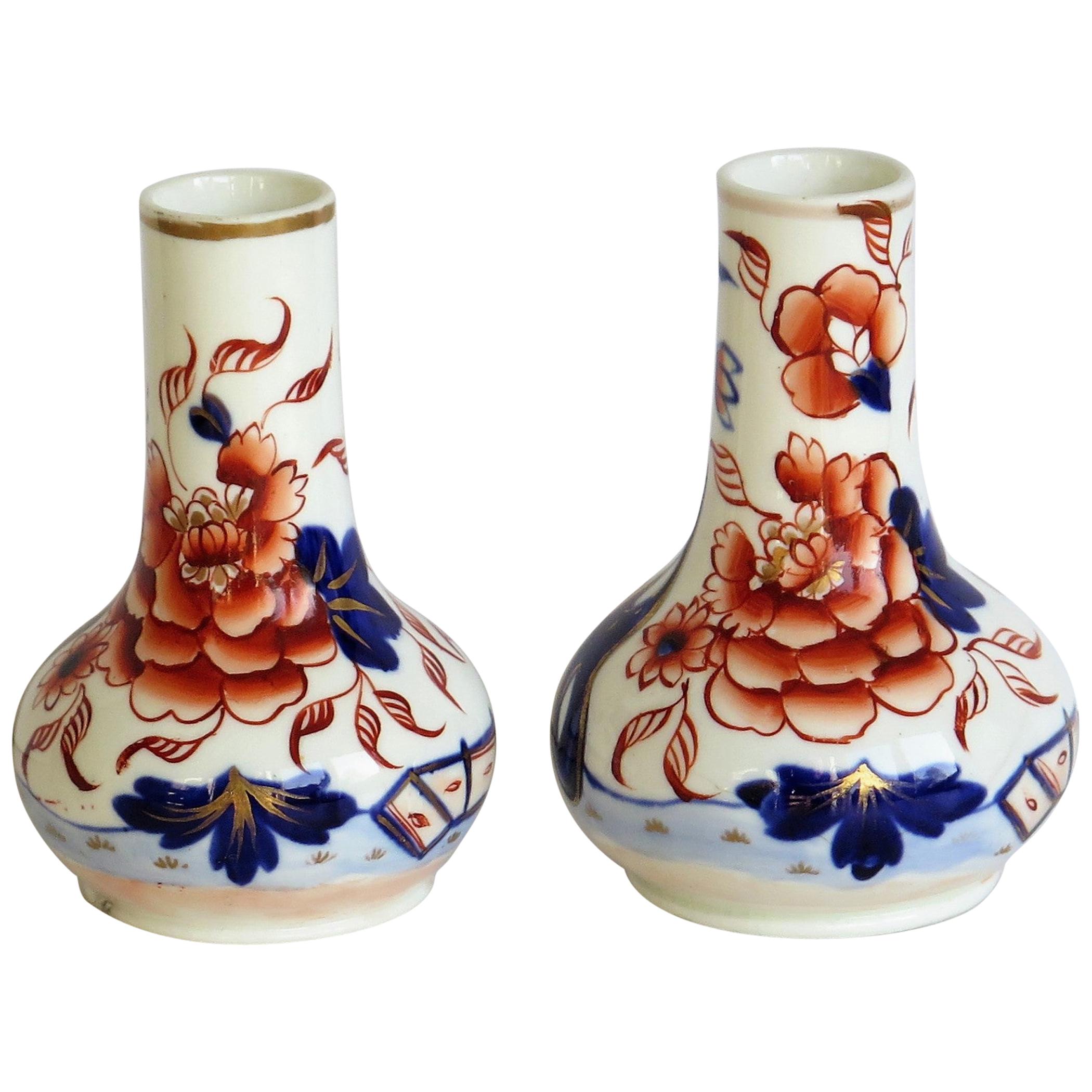 Early Pair of Mason's Scent Bottles or Small Vases in Fence Japan Ptn circa 1825 For Sale