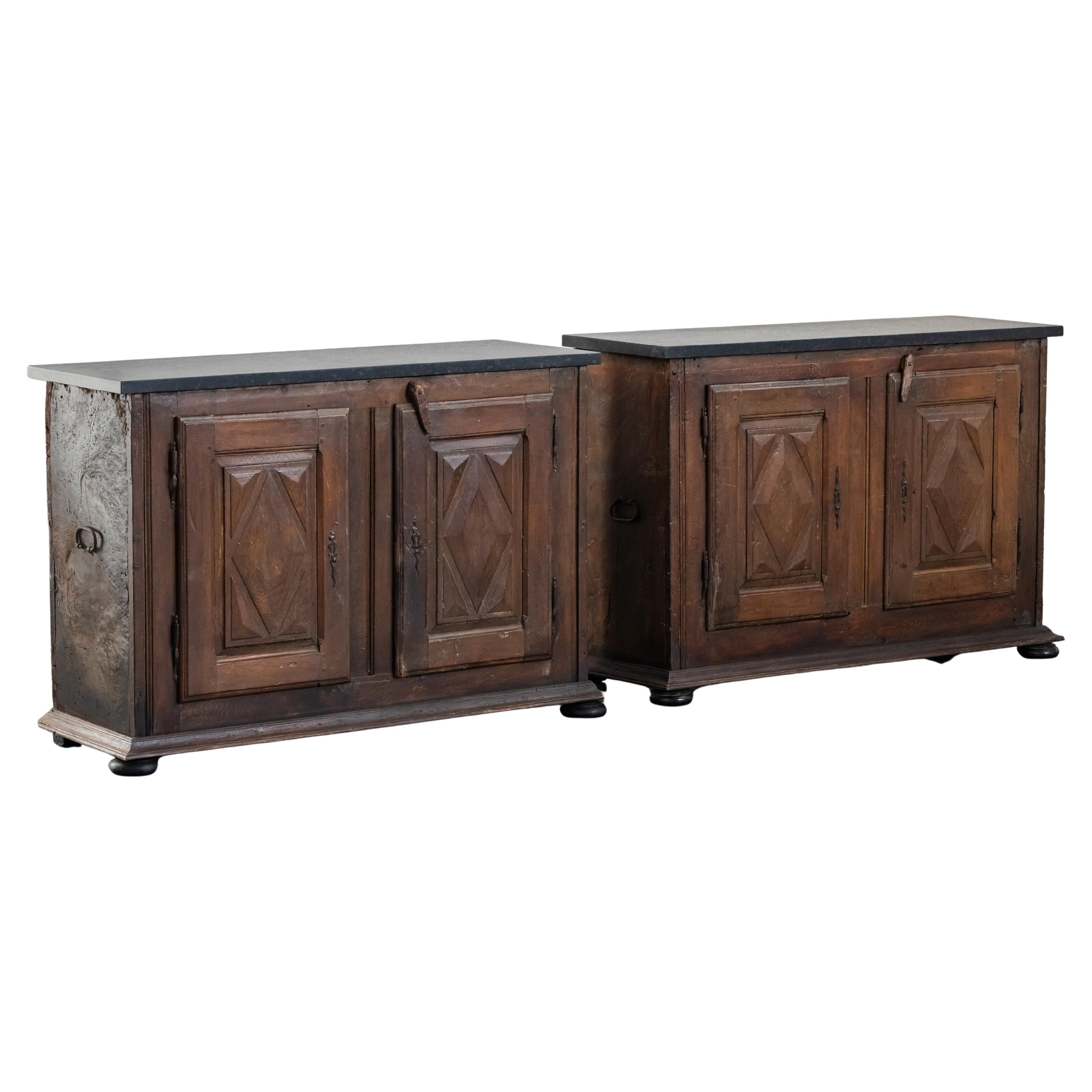 Early Pair Of Oak Cabinets With Stone Tops From France, Circa 1800 For Sale