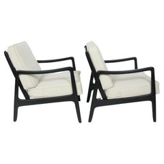 Early Pair of Ole Wanscher Ebonized Mahogany Lounge Chairs, 1950's
