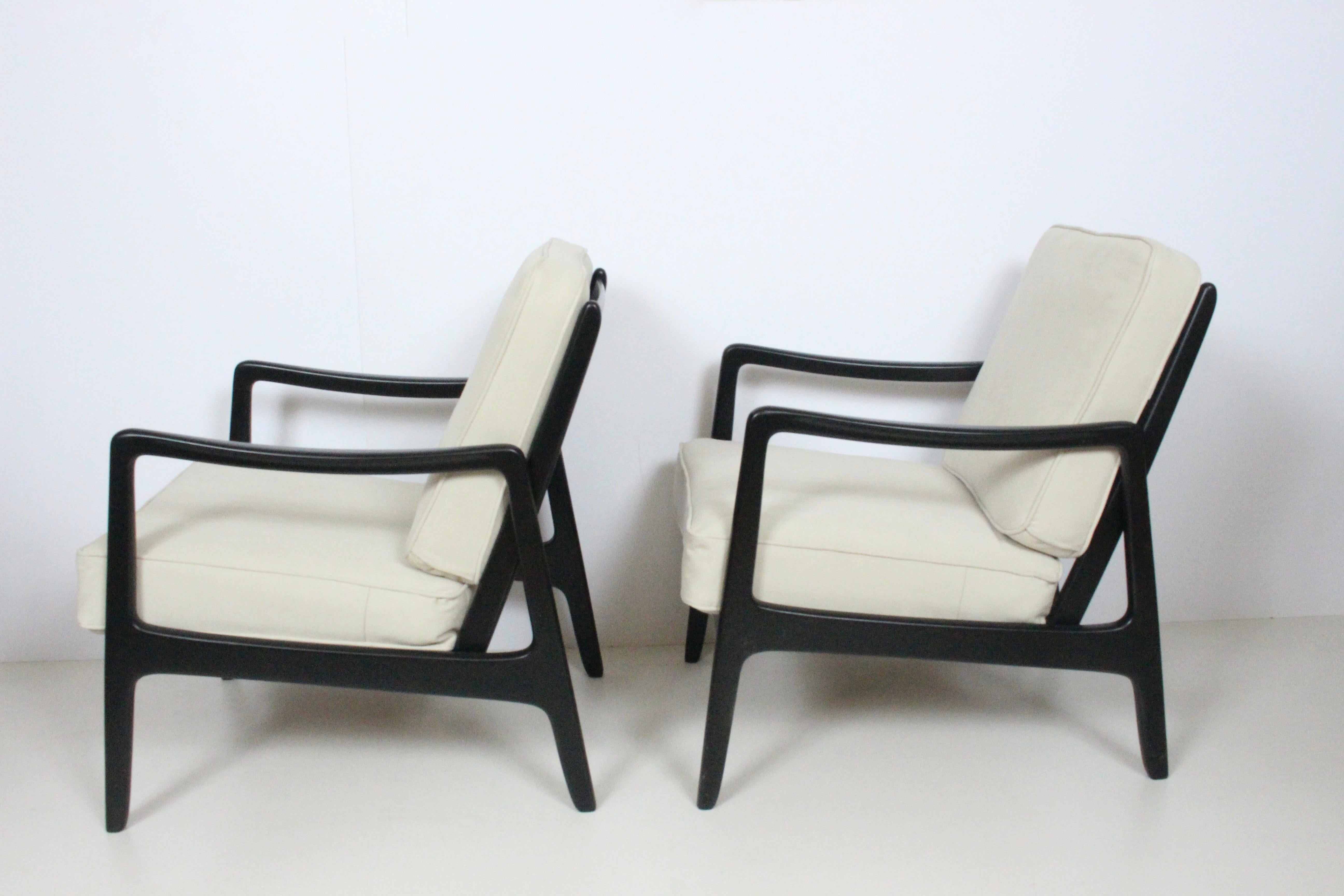 Danish Early Pair of Ole Wanscher Ebonized Mahogany Lounge Chairs, 1950's For Sale